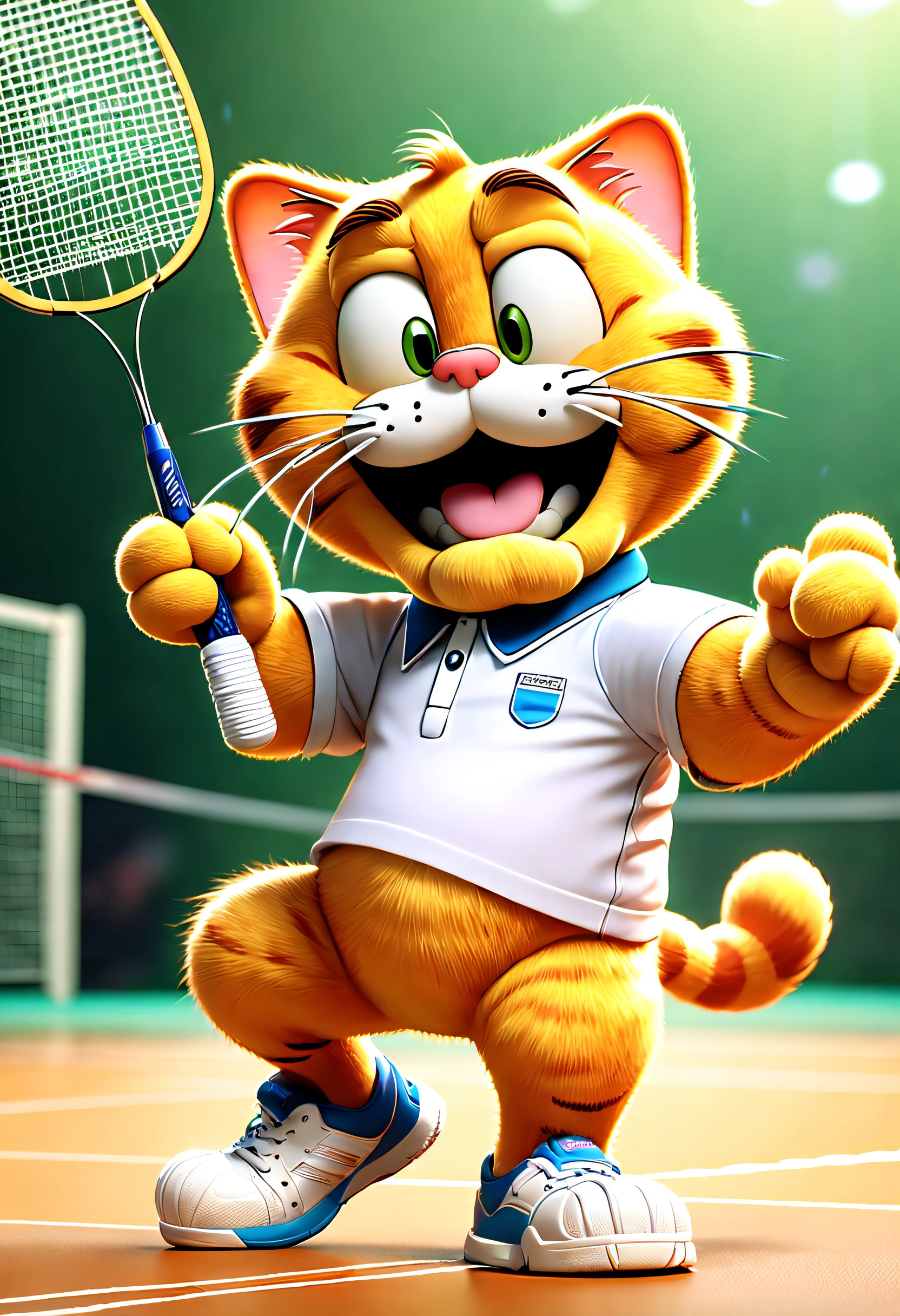 tmasterpiece， Best quality， （VerydetailedCG），（8k wallpaper）， （Best quality）， （Best Best Illustration），Garfield is playing badminton