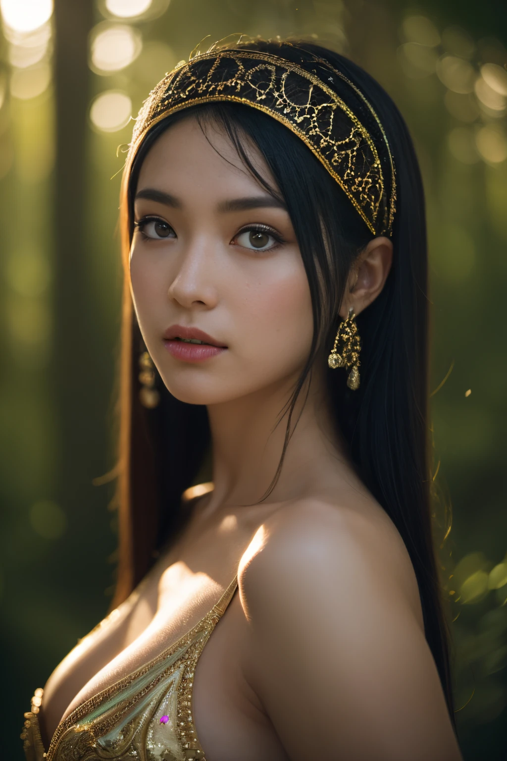 forest, bellydancer, mongolian, hijabi, cleavage, reflection light, chiaroscuro, depth of field, cinematic lighting, ray tracing, Sony FE GM, UHD, super detail, masterpiece, textured skin, high details, best quality, award winning，3D,hdr（HighDynamicRange）,Ray traching,NVIDIA RTX,Hyper-Resolution,Unreal 5,Subsurface scattering、PBR Texture、post-proces、Anisotropy Filtering、depth of fields、maximum definition and sharpness、Many-Layer Textures、Albedo e mapas Speculares、Surface coloring、Accurate simulation octane rendering of light-material interactions、Two-colored light、largeaperture、Low ISO、White balance、the rule of thirds、8K raw data