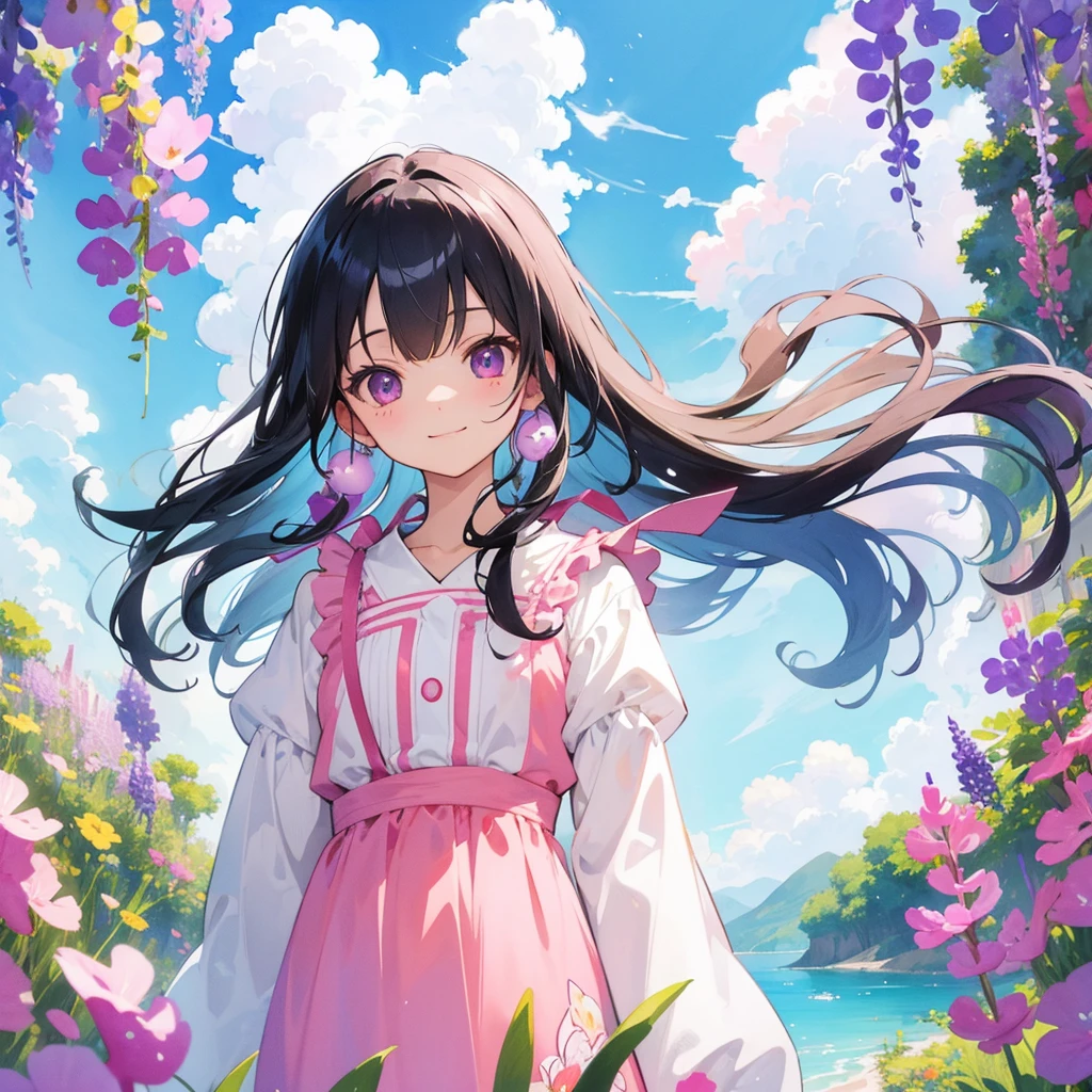 masutepiece, Best Quality, Ultra-detailed, kawaii, Cute, lovely, Illustration, watercolor paiting, pastels, Gradation, Beautiful sky, Moon, Cute little girl s, 1girl in, Solo, one piece dress, Beautiful black hair, Beautiful purple eyes, Beautiful eyes, Hair ornaments, Wisteria flowers, Smile, sparkling effect, Wind-effect, cloudy, cloud