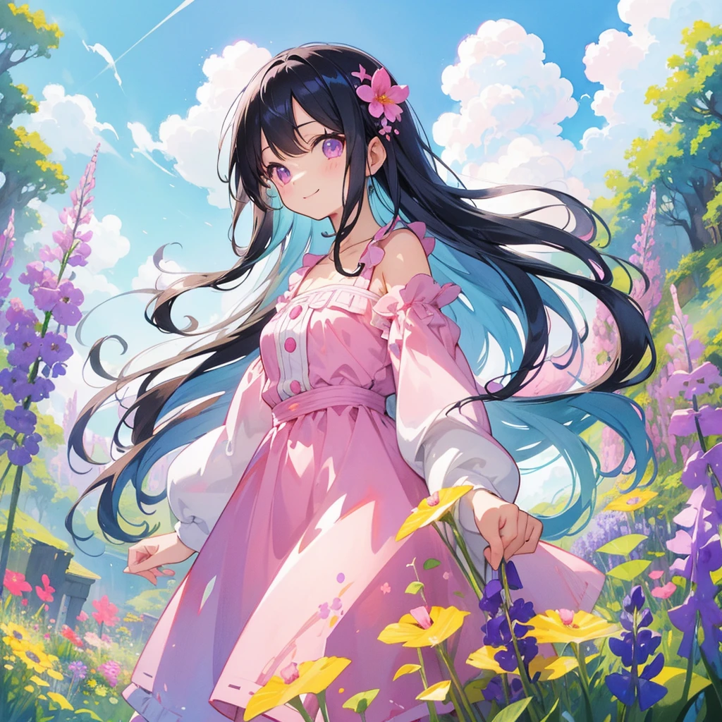 masutepiece, Best Quality, Ultra-detailed, kawaii, Cute, lovely, Illustration, watercolor paiting, pastels, Gradation, Beautiful sky, Moon, Cute girl s, 1girl in, Solo, one piece dress, Beautiful black hair, Beautiful purple eyes, Beautiful eyes, Hair ornaments, Wisteria flowers, Smile, sparkling effect, Wind-effect, cloudy, cloud