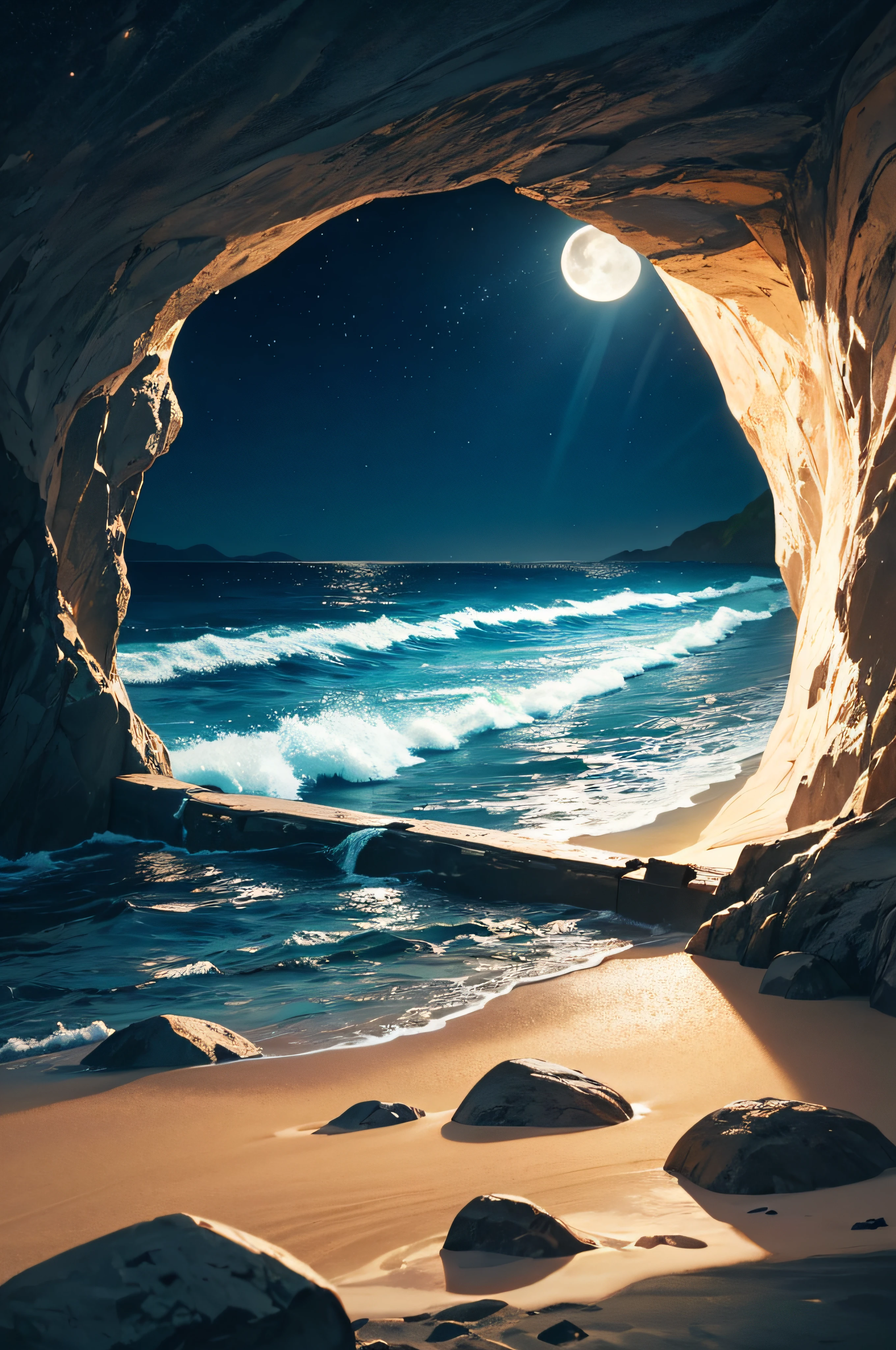 The photo is a beautiful view of a beach at night, as seen from inside a cave. The moon is shining brightly in the sky, and the ocean is calm and serene. The sand is sparkling in the moonlight, and the waves are gently crashing against the shore.