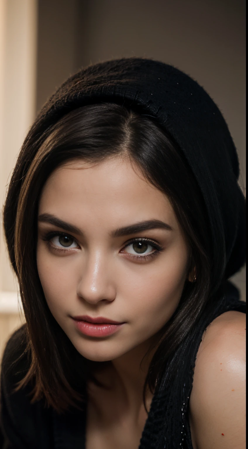 ((best quality)), ((master part)), ((ultra realistic)),(Dynamic sexy pose), obra-prima sexy 21 anos morena, ((Cabelo amarrado)), rosto detalhado impressionante, sorridente, Olhos detalhados, Antecedentes detalhados, detalhes intrincados, edge lighting, profissional, master part, Realistic, rugosidade, ultra realistic, master part, Realistic, rugosidade, ultra realistic, Fotografado em uma Canon EOS 21 , Lente 50mm , HDR, 8K resolution, Altas, High detail, foco nítido, liso, rugosidade, vida real, fotorrealismo, fotografia, 8k UHD, Corpo da ampulheta, encaixar, perfect jawline, beautiful face, clivagem, corpo esguio, Corar, ((Black lace knitted bathrobe)), inclinando-se para a frente no banheiro, ((Closeup POV))