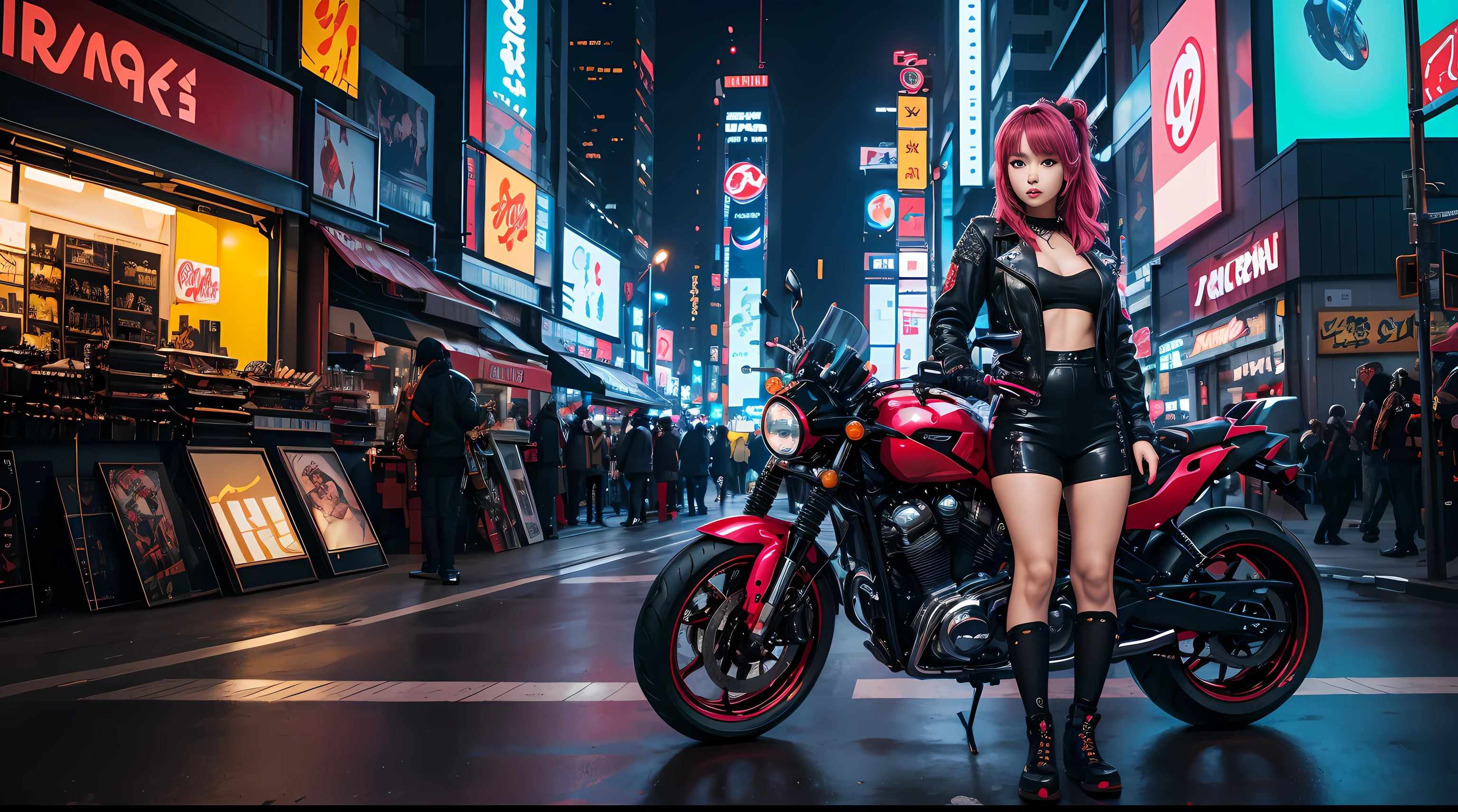 Masterpiece, Best Quality, A confident cyberpunk girl, Shot Full Body, ((Standing in front of a motorcycle)), Harajuku-style pop outfit, Bold colors and patterns, Eye-catching accessories, Fashionable and innovative hairstyle, Bright make-up, Dazzling cyberpunk cityscape, Skyscrapers, neon signage, LED lights, Bright and rich colors, the anime, illustartion, detailed skin texture, detailed cloth texture, Beautiful Detail Face, intricate details, Ultra Detailed.