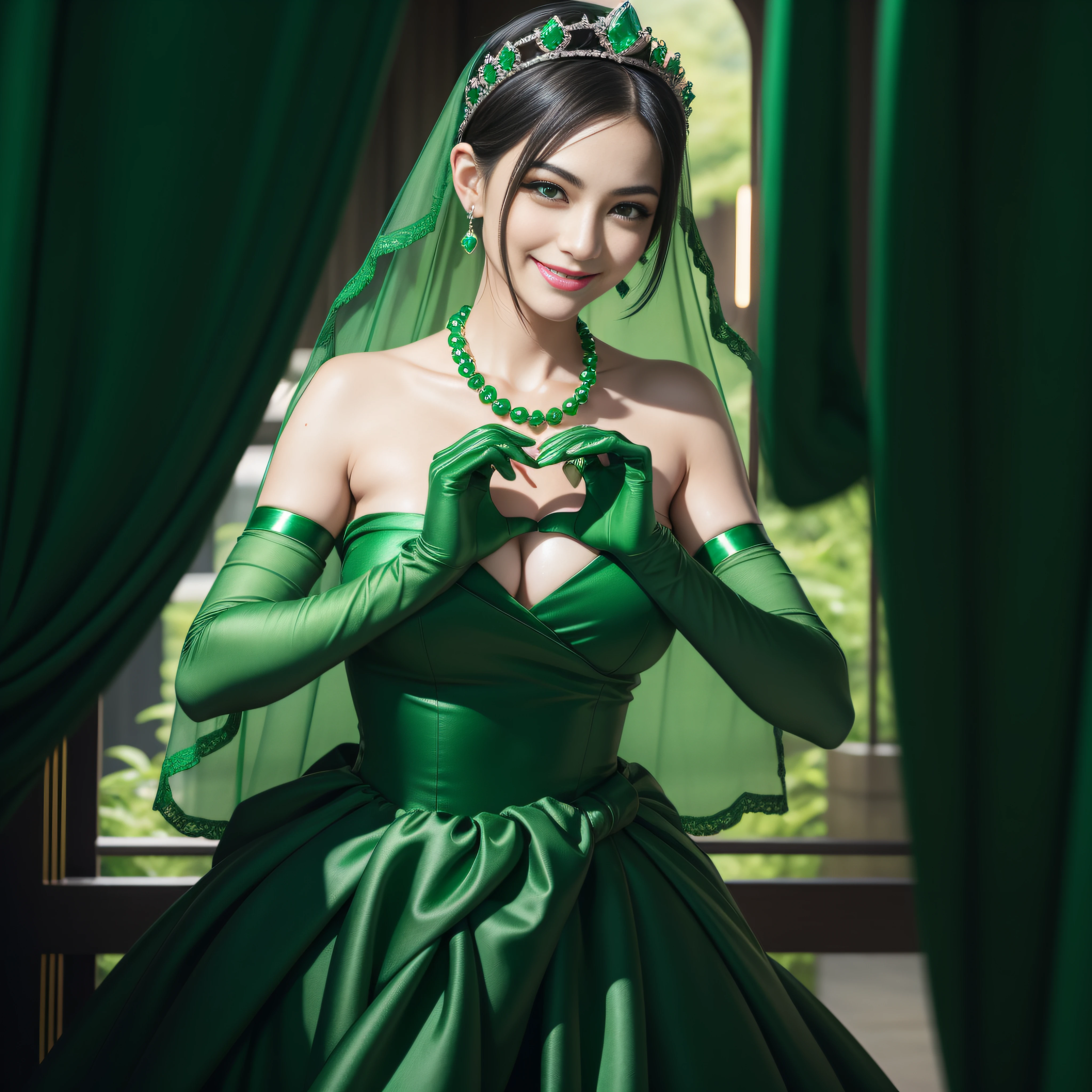 emerald tiara, Green Pearl Necklace, Boyish very short black hair, lipsticks, Japan woman smiling, very short short hair, big breasts beautiful, Green eyes, Long green gloves made of satin material, Green eyes, Emerald Earrings, green vale, Heart with both hands