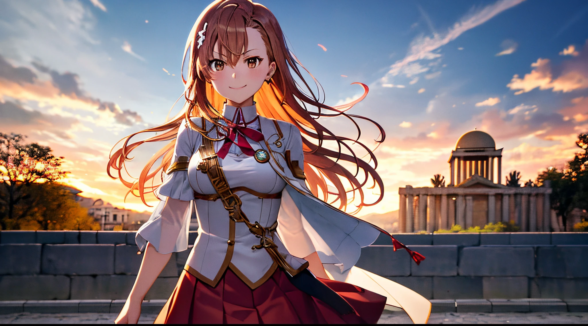 Misaka mikoto, 1girl, teen girl, kawaii, solo, chestnut hair, hairpin,brown eyes, standing, looking at viewer,smile,golden armor,praying beads on neck, long skirt,treasure gems shops along athens temple in background,anime style,deep depth of field,wide angle view,Lumen Reflections,Screen Space Reflections,Diffraction Grading,Chromatic Aberration,GB Displacement,Scan Lines,Ray Traced,Anti-Aliasing,FXAA,TXAA,RTX,SSAO,Shaders,OpenGL-Shaders,GLSL-Shaders,Post Processing,Post-Production,cell Shading,Tone Mapping,CGI,VFX,SFX,insanely detailed and intricate, 4K