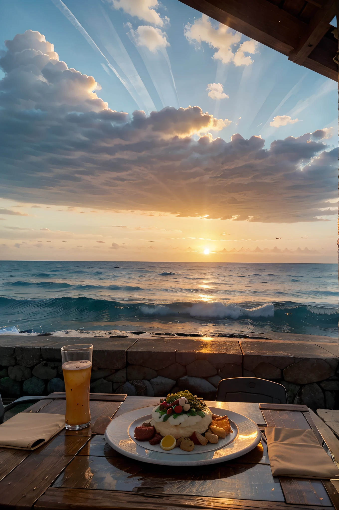 beautiful ocean, beautiful sun set, amazing scenery, ultra realistic, in front of table, food on table, wind
