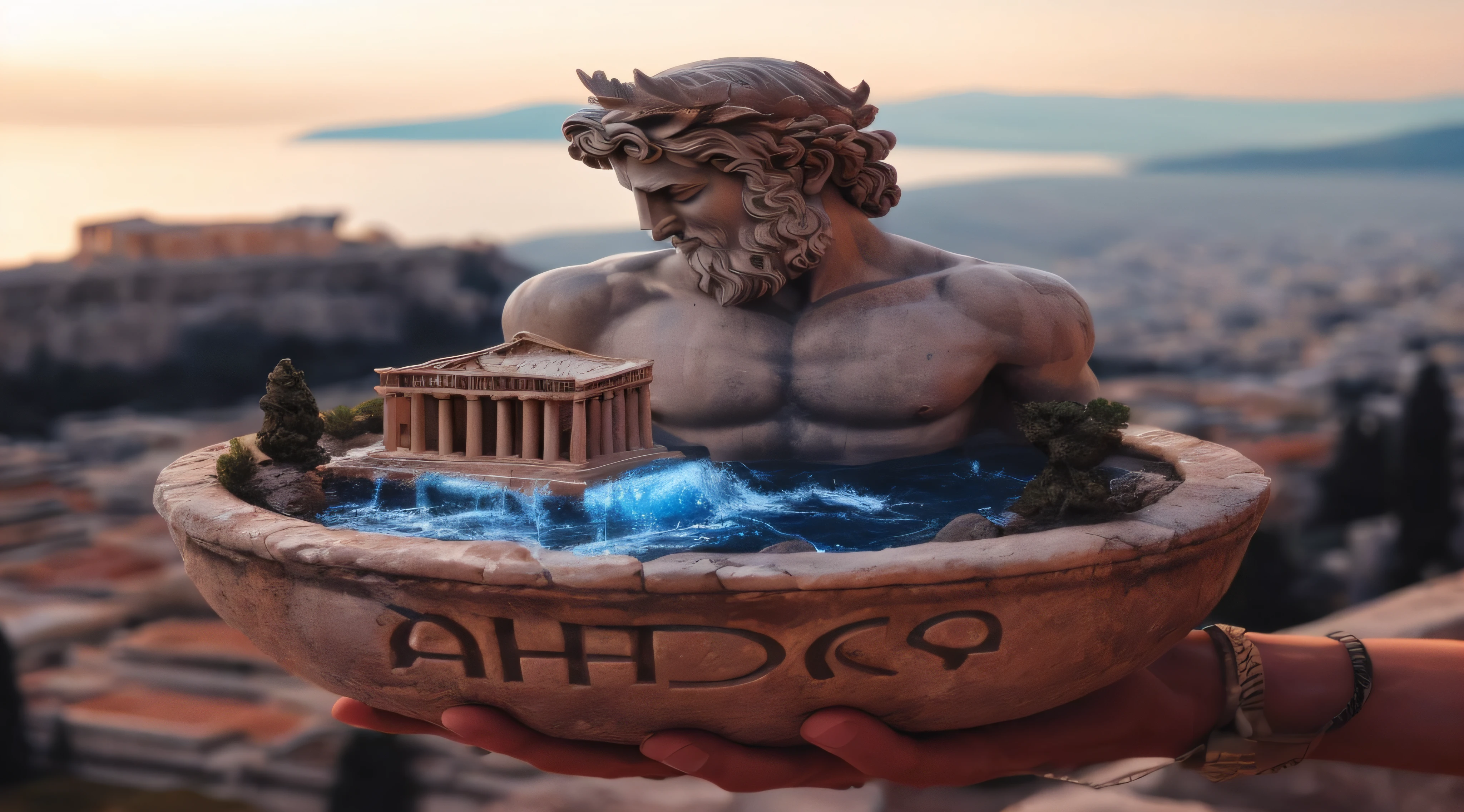 arafed statue of a man holding a bowl with a statue of a greek god, greek statue, as an offering to zeus, greek god, ancient greece, greek myth digital painting, greece, ancient greek city, greek pool, greek mythology, greek elements, ancient greek statue, greek fantasy, an ancient greek statue, ancient greek, greek art, chris achilleos