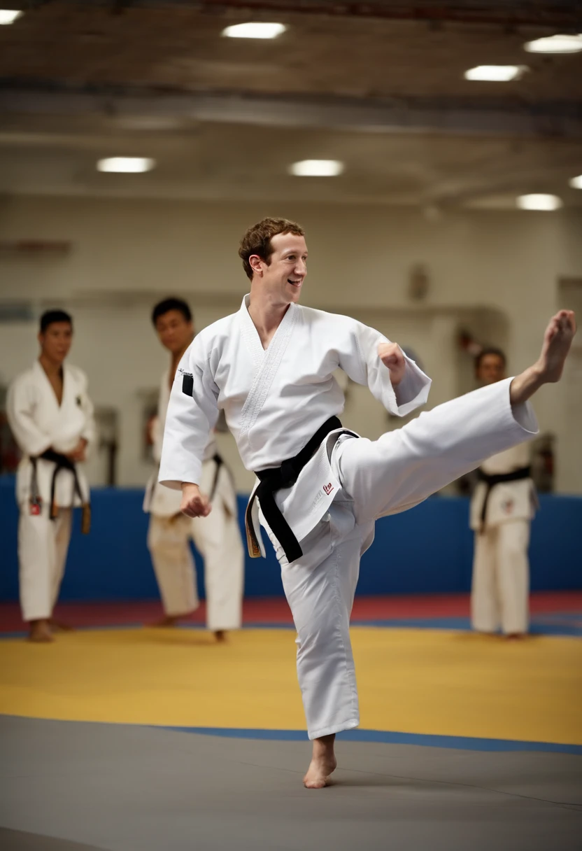 A photo of Mark Zuckerberg in a Taekwondo dojang, wearing a dobok and executing a high kick with precision and focus.,original,Zuckerberg maintains a notably consistent personal style, famously known for his simple gray t-shirts and hoodies, which reflect his utilitarian approach to life and work. He has a youthful, clean-cut look with short, curly hair and typically wears jeans or casual trousers, projecting an image of approachability that aligns with the casual culture of Silicon Valley.