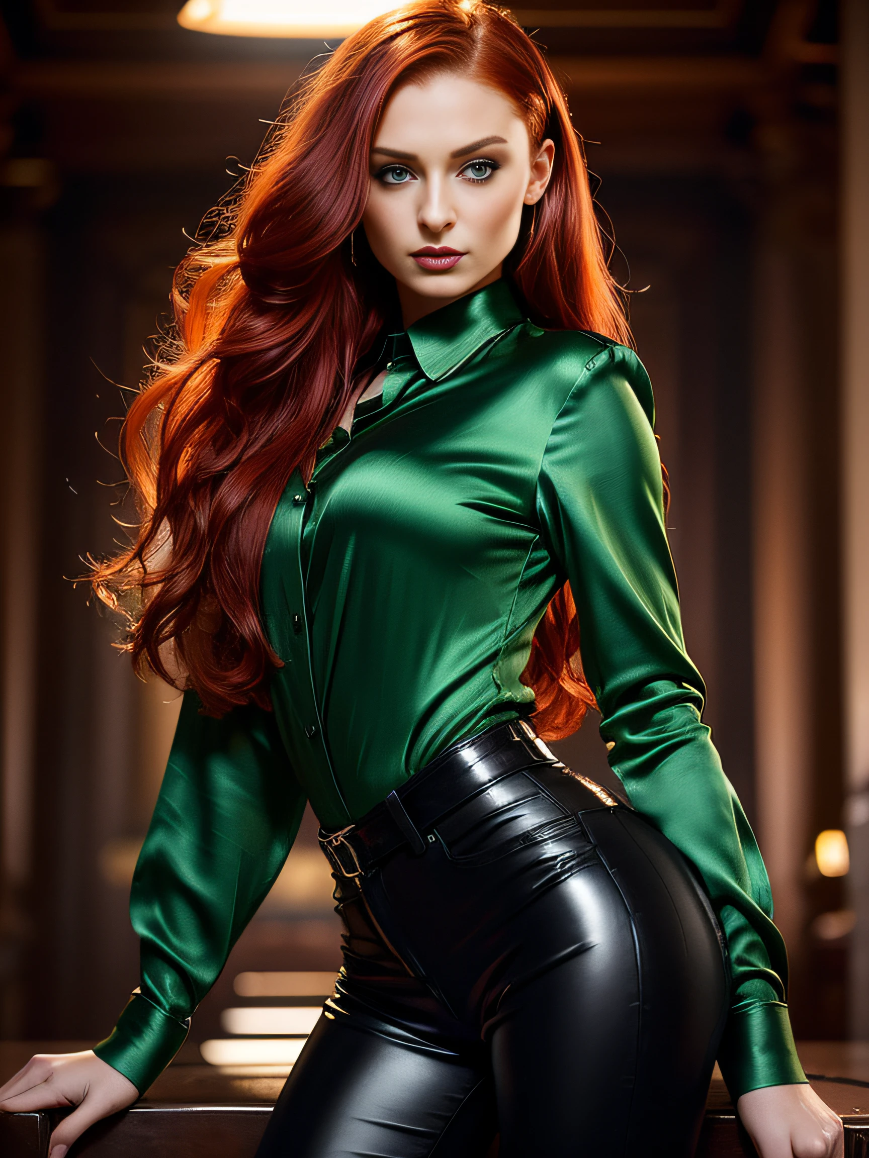 sexy woman (Sophie Turner), long curly red hair, gorgeous big eyes, high arched eyebrows, seductive look, (green low-cut silk shirt:1.3), black leather pants, stilettos, midnight modern metropolis, spot lighting, backlight on hair, shallow depth of field, bokeh, sexy