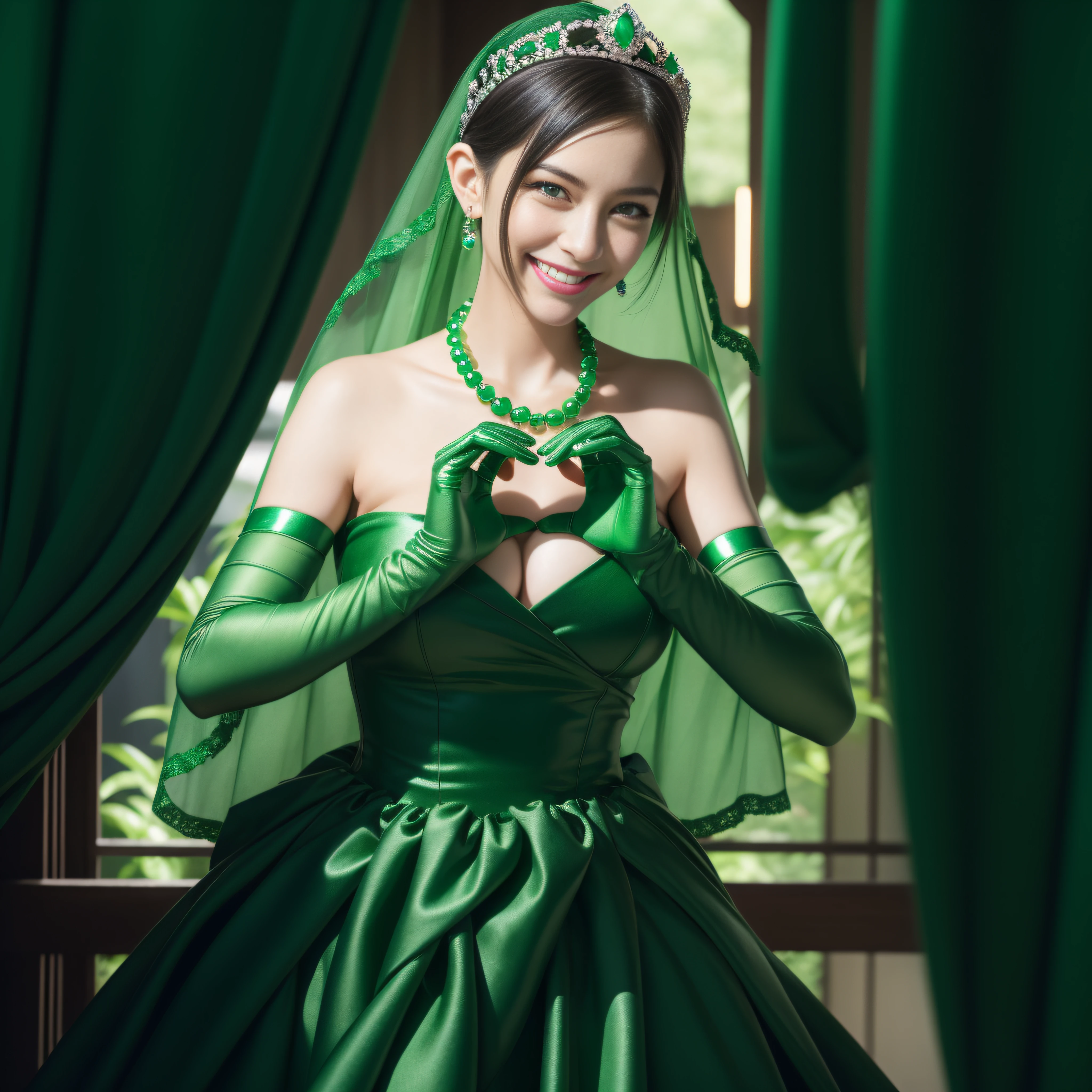 emerald tiara, Green Pearl Necklace, Boyish very short black hair, lipsticks, Japan woman smiling, very short short hair, big breasts beautiful, Green eyes, Long green gloves made of satin material, Green eyes, Emerald Earrings, green vale, Heart with both hands