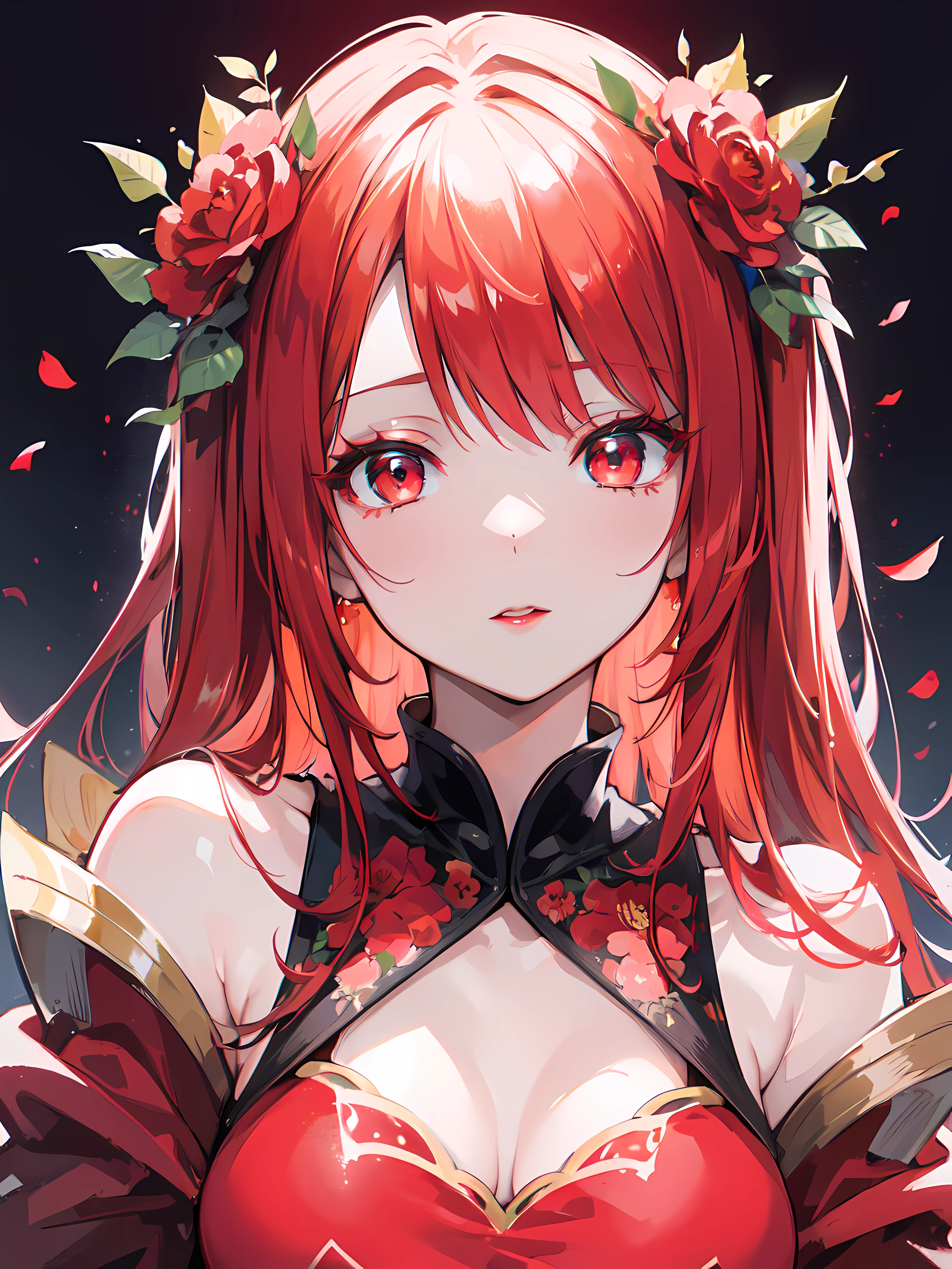 (masterpiece),(best quality:1.0), (ultra highres:1.0), detailed illustration, 8k, anime, 1girl, beautiful anime girl, wearing a red dress, flower crown, pretty face, detailed face, beautiful eyes, detailed eyes, dark red eyes, bright red lips, red lipstick, beautiful stylish hair, highlights in hair, bangs anime style, best quality, vibrant