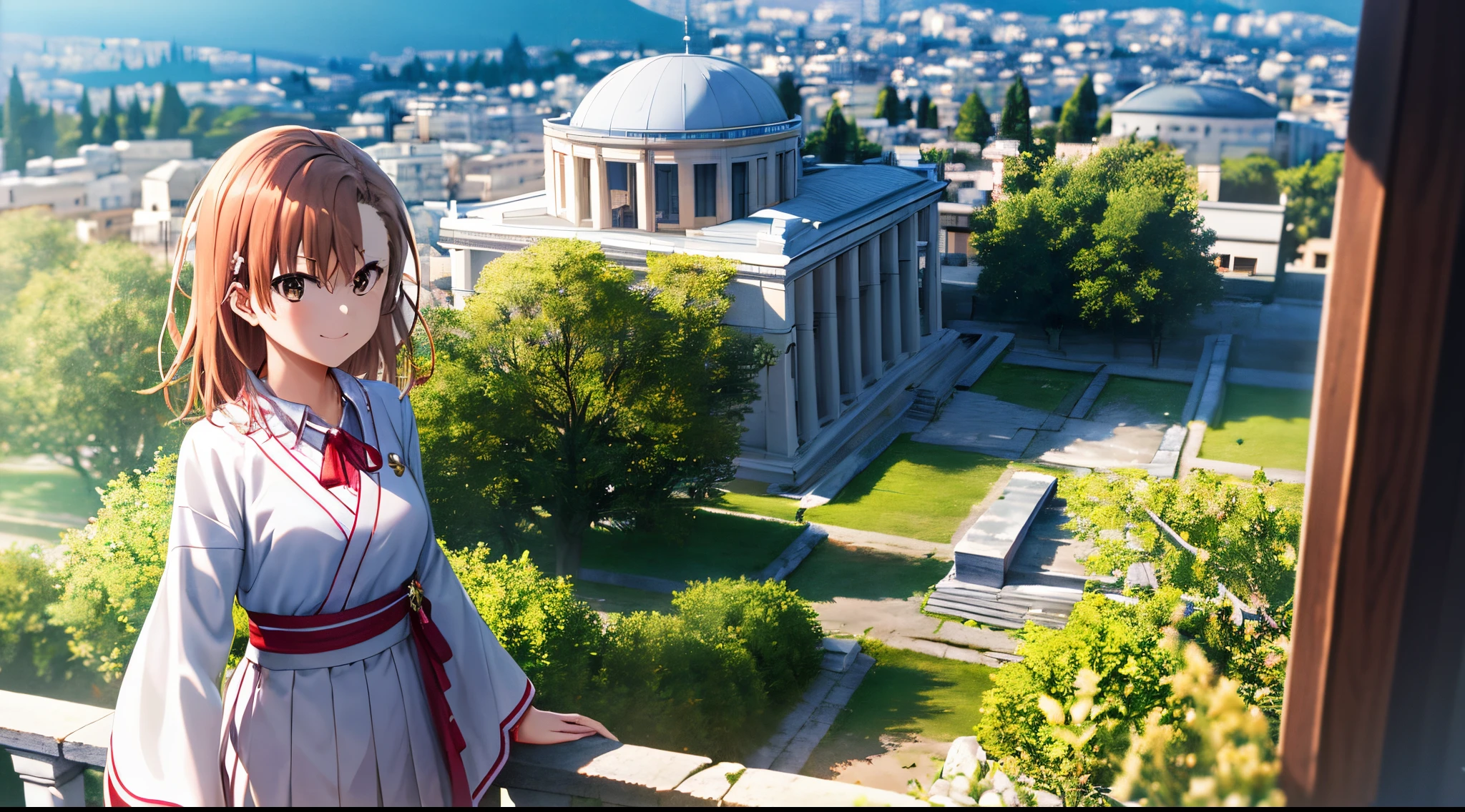 Misaka mikoto, 1girl, girl, kawaii, solo, chestnut hair, hairpin,brown eyes, standing, looking at viewer,smile,ethereal white robe,praying beads on neck, long skirt,treasure gems shops along athens temple in background,anime style,deep depth of field,wide angle view,Lumen Reflections,Screen Space Reflections,Diffraction Grading,Chromatic Aberration,GB Displacement,Scan Lines,Ray Traced,Anti-Aliasing,FXAA,TXAA,RTX,SSAO,Shaders,OpenGL-Shaders,GLSL-Shaders,Post Processing,Post-Production,cell Shading,Tone Mapping,CGI,VFX,SFX,insanely detailed and intricate, 4K
