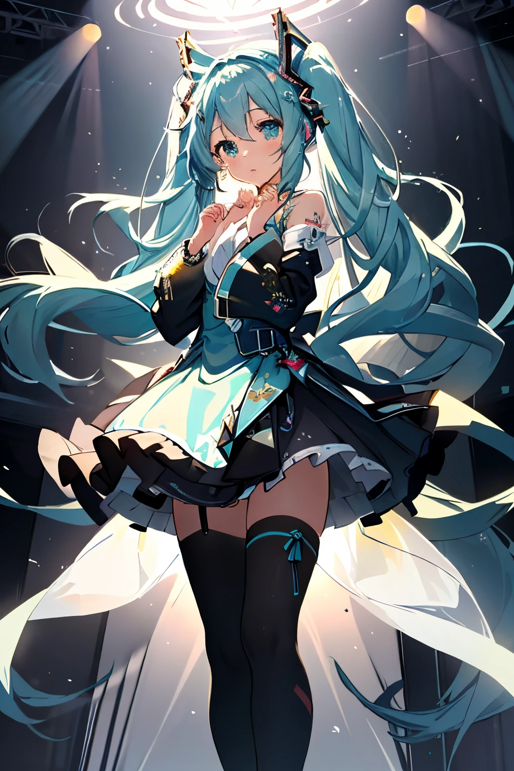 masterpiece、top-quality、ultra-detailliert、illustratio、extremely delicate and beautiful、
1girl in、独奏、浅笑、
miku hatsune、Twin-tailed、Live Stage、Particles of light、Black tights