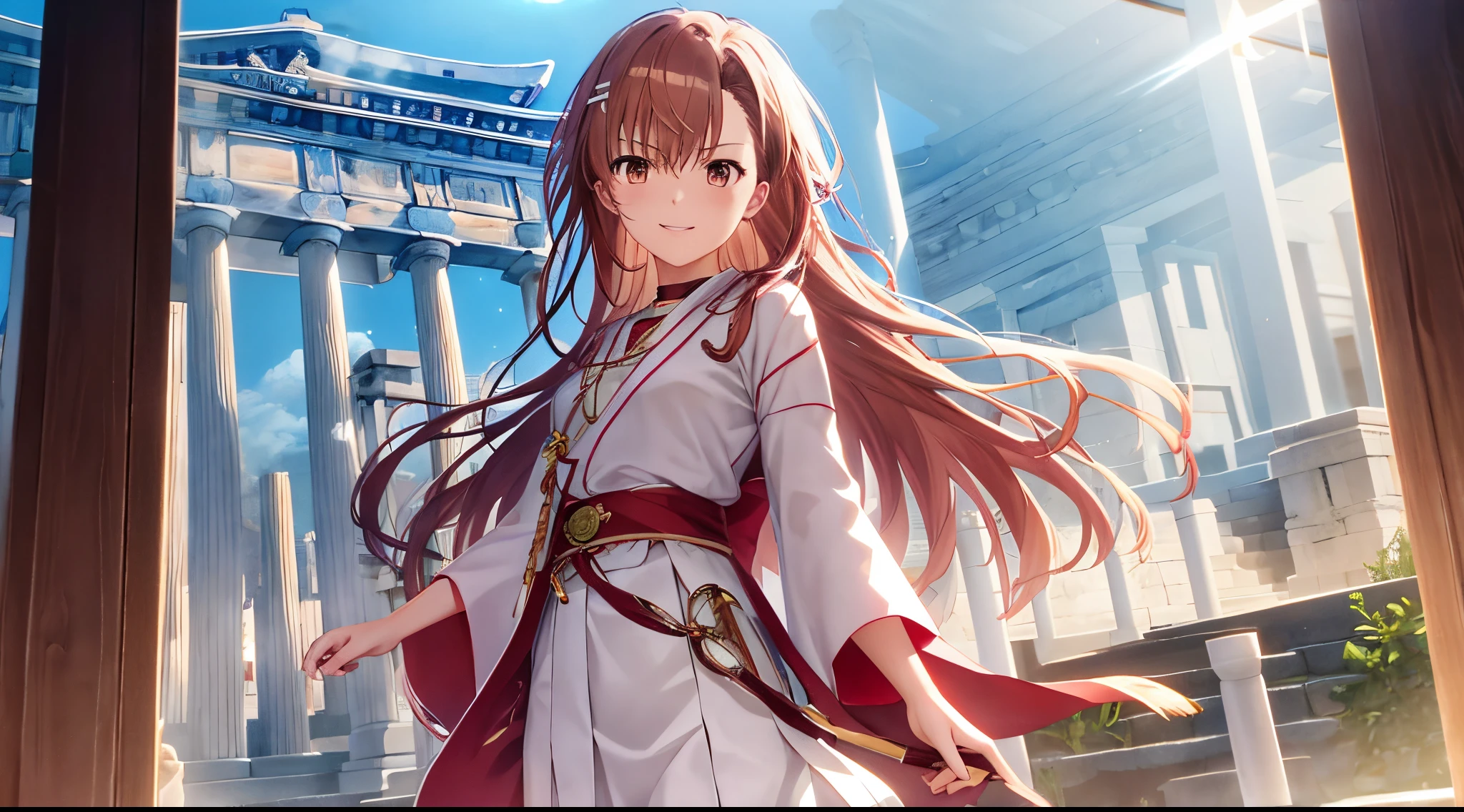Misaka mikoto, 1girl, teen girl, kawaii, solo, chestnut hair, hairpin,brown eyes, standing, looking at viewer,smile,ethereal white robe,praying beads on neck, long skirt,treasure gems shops along athens temple in background,anime style,deep depth of field,wide angle view,Lumen Reflections,Screen Space Reflections,Diffraction Grading,Chromatic Aberration,GB Displacement,Scan Lines,Ray Traced,Anti-Aliasing,FXAA,TXAA,RTX,SSAO,Shaders,OpenGL-Shaders,GLSL-Shaders,Post Processing,Post-Production,cell Shading,Tone Mapping,CGI,VFX,SFX,insanely detailed and intricate, 4K
