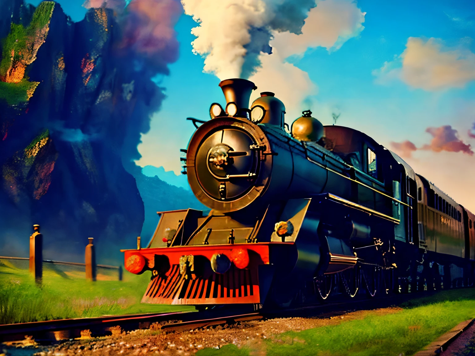 Fifties, trains,steampunc, The beautiful, 城市, concept-art, Draw one, Fantastical, 4K, hyper HD, high high quality, hot topics at artstation headquarters, 8k ultra high definition, Studio quality, ultra real photo, max detail, massive scale, Post-processing, actual, photo-realism, Photoshop, photography, Ray traching, Rendered by Octane