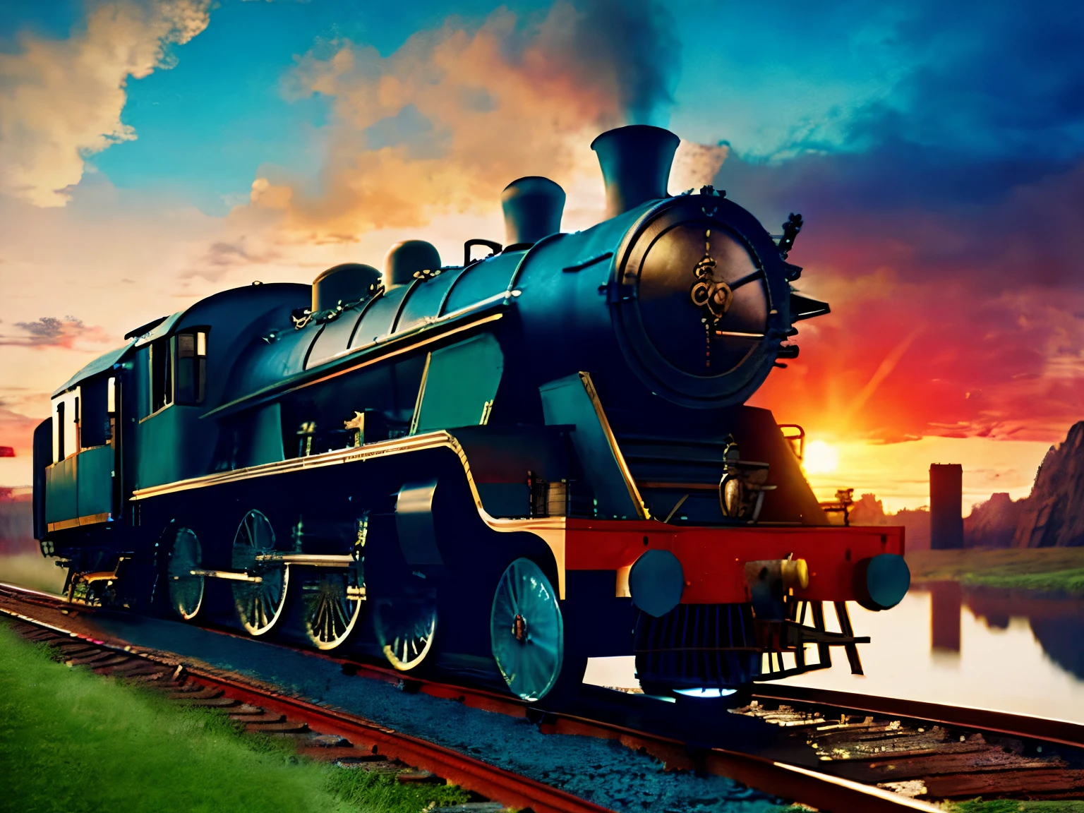 Fifties, trains,steampunc, The beautiful, 城市, concept-art, Draw one, Fantastical, 4K, hyper HD, high high quality, hot topics at artstation headquarters, 8k ultra high definition, Studio quality, ultra real photo, max detail, massive scale, Post-processing, actual, photo-realism, Photoshop, photography, Ray traching, Rendered by Octane