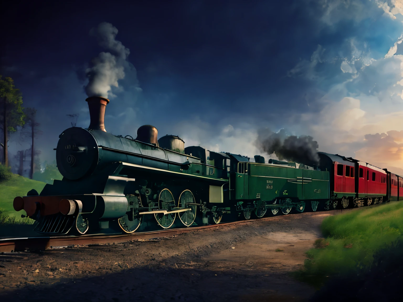 Fifties, trains，steampunc, The beautiful, 城市, concept-art, Draw one, Fantastical, 4K, hyper HD, high high quality, hot topics at artstation headquarters, 8k ultra high definition, Studio quality, ultra real photo, max detail, massive scale, Post-processing, actual, photo-realism, Photoshop, photography, Ray traching, Rendered by Octane