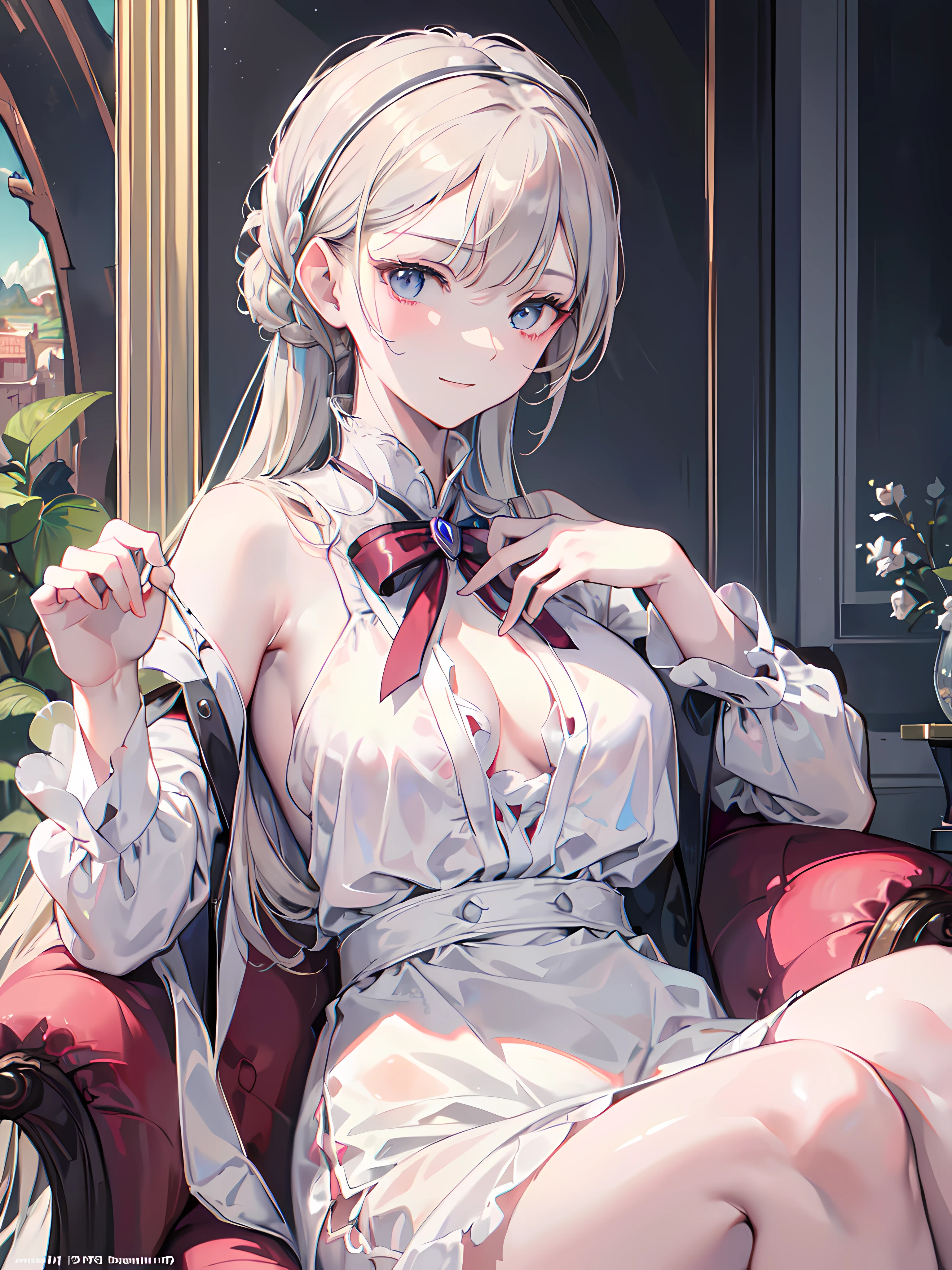 Florence Nightingale, (ballet clothes), sitting in a chair, smiling at the camera, white formal shirt, loose collar buttons, nipple bumps, long loose hair, (delicate illustrations: 1.4), (Renaissance art: 1.4), (ultra high resolution: 1.2), (photorealism: 1.4), (8K, RAW photos: 1.2), (soft focus: 1.4), ( 18 years old: 1.3), (Sharp Focus: 1.4), beautiful face with attention to detail, pure rose face_V1