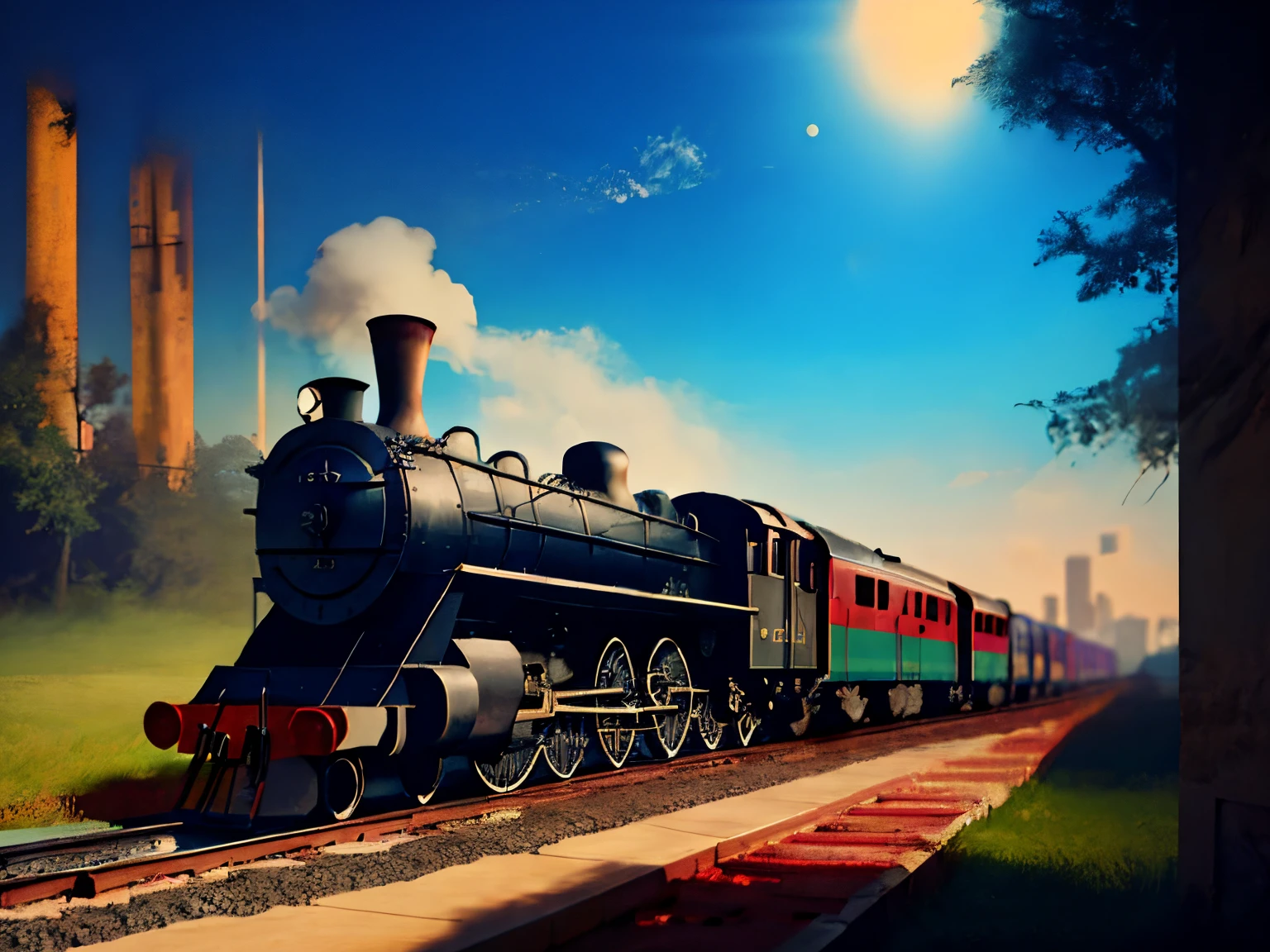 Fifties, trains，steampunc, The beautiful, 城市, concept-art, Draw one, Fantastical, 4K, hyper HD, high high quality, hot topics at artstation headquarters, 8k ultra high definition, Studio quality, ultra real photo, max detail, massive scale, Post-processing, actual, photo-realism, Photoshop, photography, Ray traching, Rendered by Octane