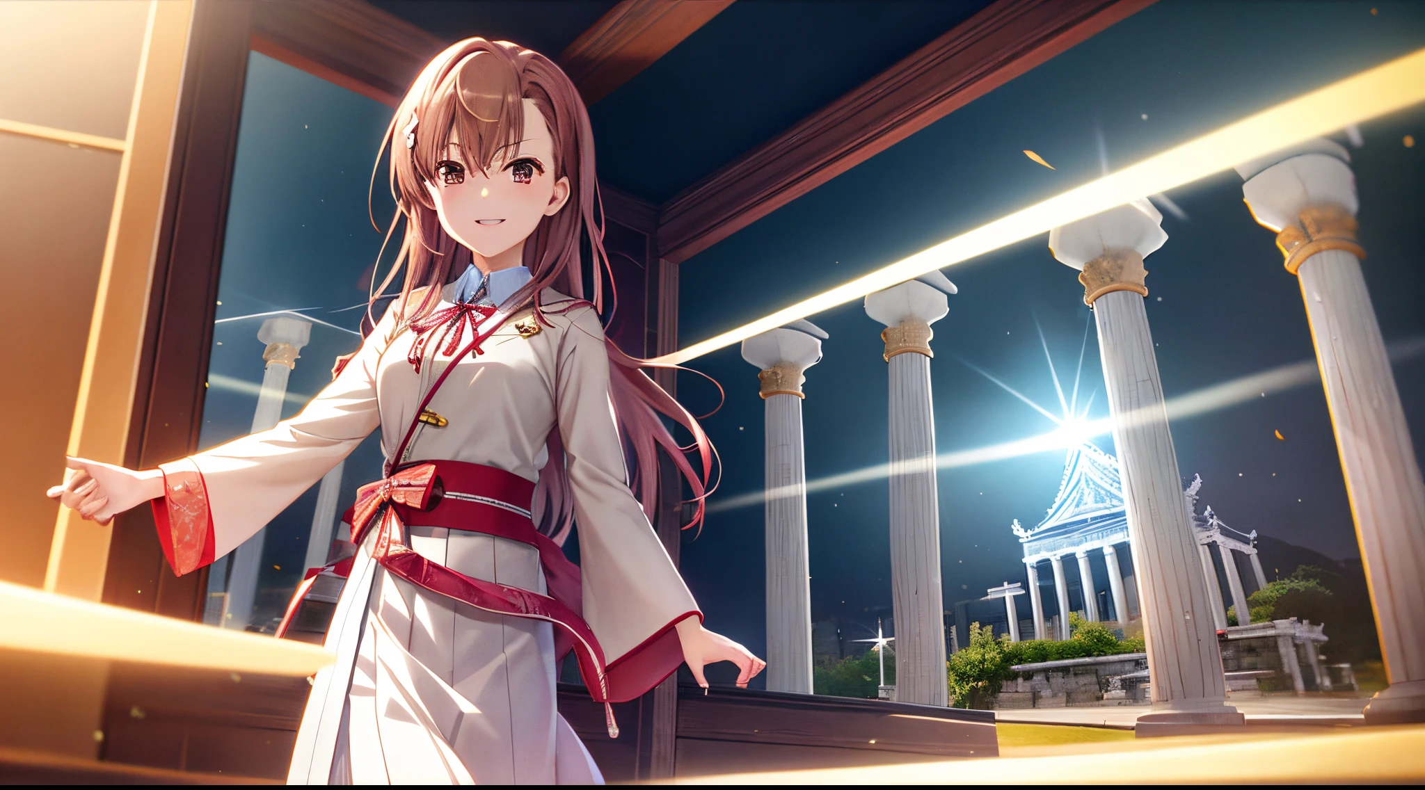 Misaka mikoto, 1girl, kawaii, solo, chestnut hair, hairpin,brown eyes, standing, looking at viewer,smile,ethereal white robe,praying beads on neck, long skirt,treasure gems shops along athens temple in background,anime style,deep depth of field,wide angle view,Lumen Reflections,Screen Space Reflections,Diffraction Grading,Chromatic Aberration,GB Displacement,Scan Lines,Ray Traced,Anti-Aliasing,FXAA,TXAA,RTX,SSAO,Shaders,OpenGL-Shaders,GLSL-Shaders,Post Processing,Post-Production,cell Shading,Tone Mapping,CGI,VFX,SFX,insanely detailed and intricate, 4K