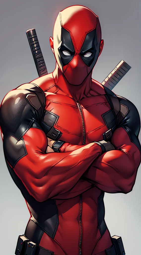 Deadpool very serious with crossed arms looking at the viewer with gray background