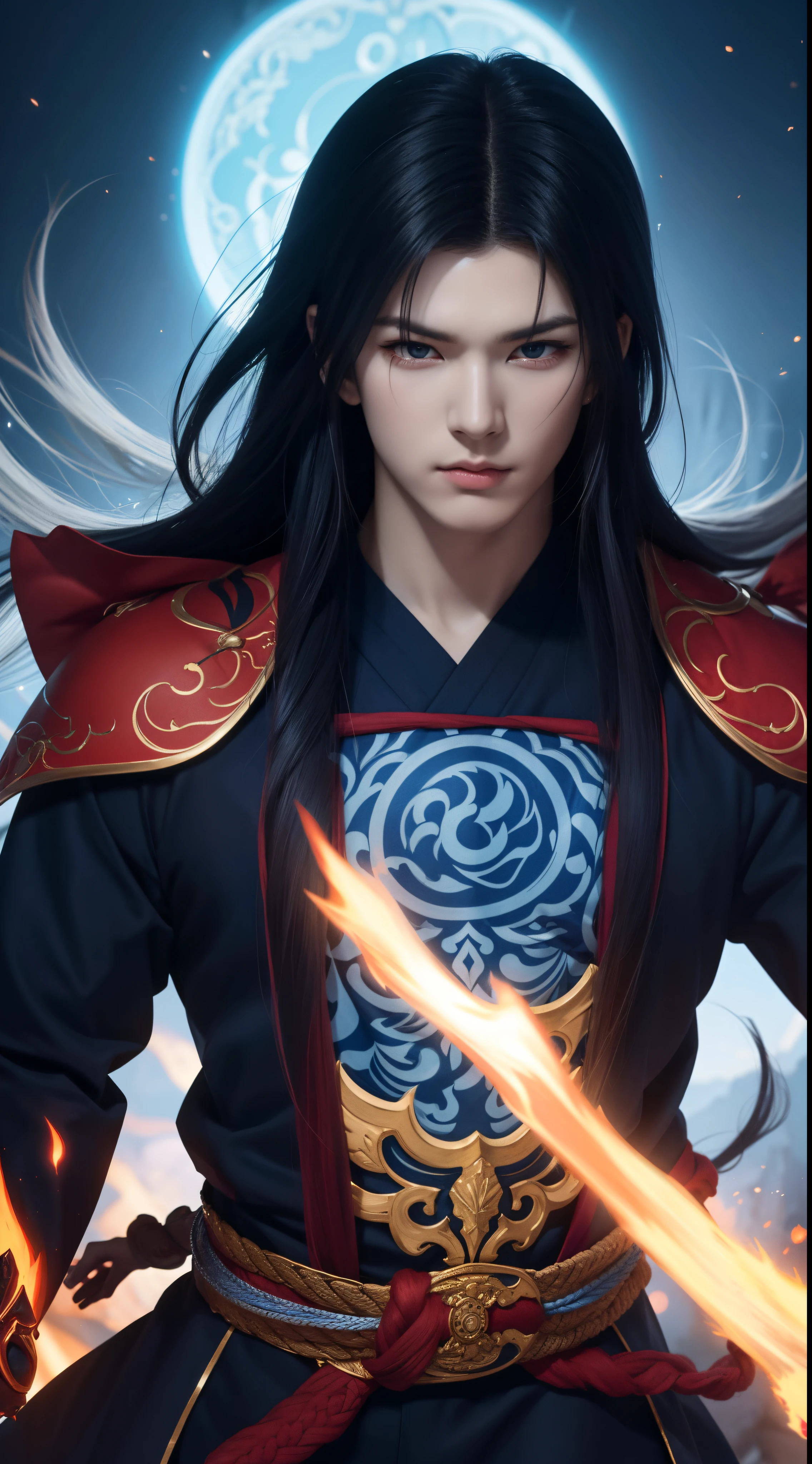 "Experience the ultimate visual feast with Kyuubi-Kurama, a masterpiece of anime and fantasy. Immerse yourself in the world of a handsome warrior with a luminescent blue tattoo, his eyes blazing with a fiery red glow as he taps into his extreme instinct."