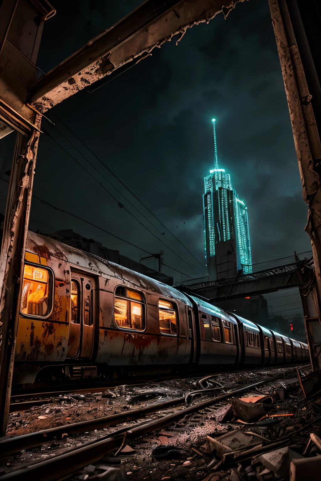 tmasterpiece, 8K, 
Best quality at best, ultra - detailed, 
Rusty crowded train outside Los Angeles, apocalyptic palette, realisticlying, Neon atmosphere blood stains, building crumbling, 
k hd, depth of fields, bokeh, rubble, Wild vegetation,