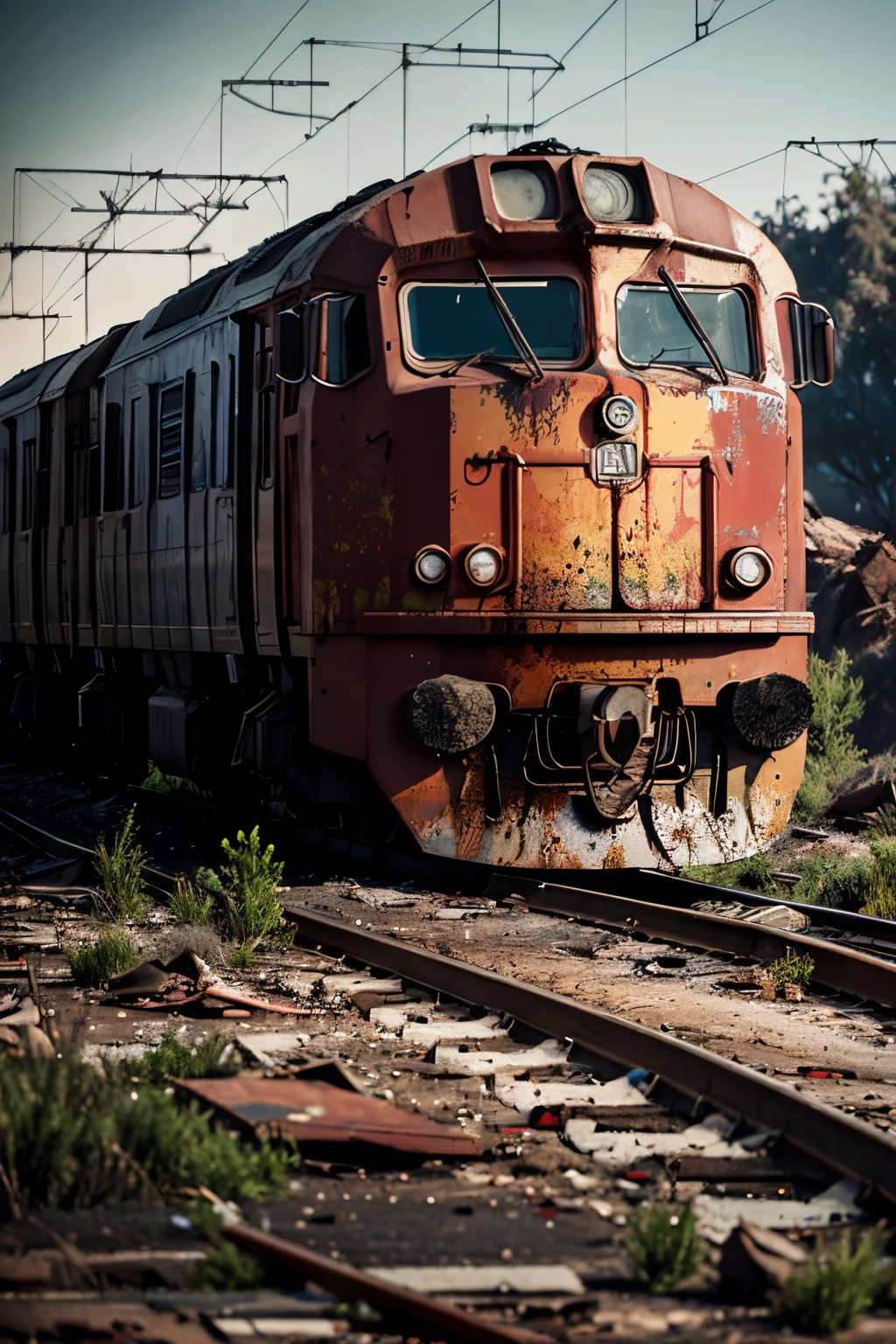 tmasterpiece, 8K, 
Best quality at best, ultra - detailed, 
Rusty crowded train outside Los Angeles, apocalyptic palette, realisticlying, Neon atmosphere blood stains, building crumbling, 
k hd, depth of fields, bokeh, rubble, Wild vegetation,
