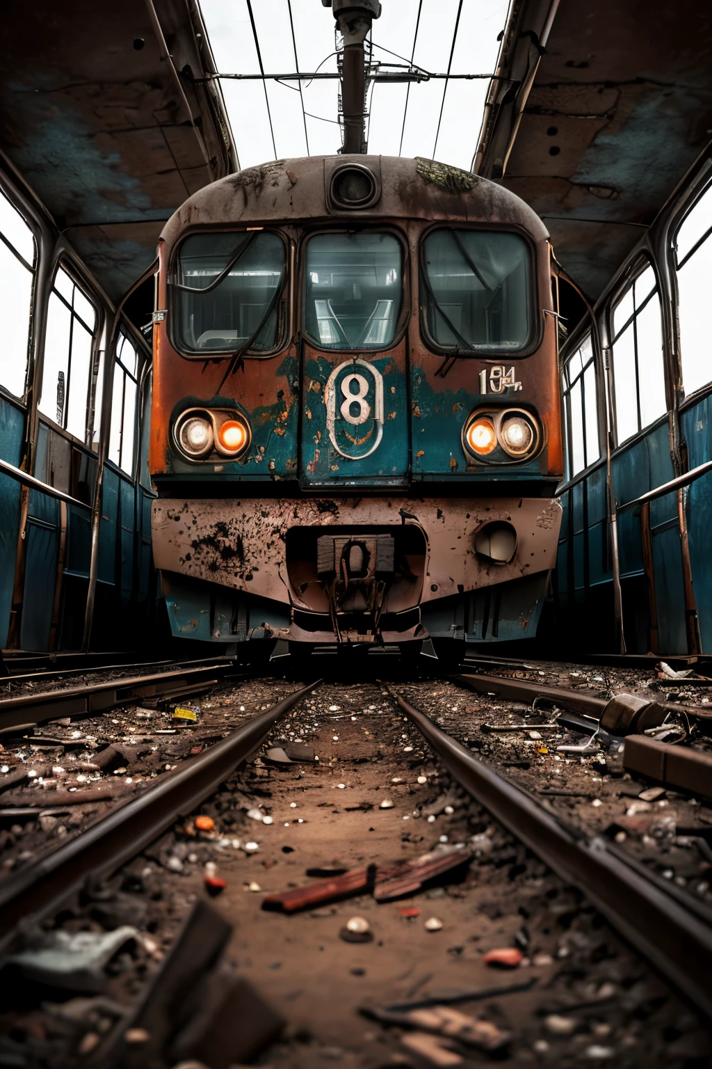 tmasterpiece, 8K, 
Best quality at best, ultra - detailed, 
Rusty crowded train outside Los Angeles, apocalyptic palette, realisticlying, Neon atmosphere blood stains, building crumbling, 
k hd, depth of fields, bokeh, rubble, Wild vegetation,