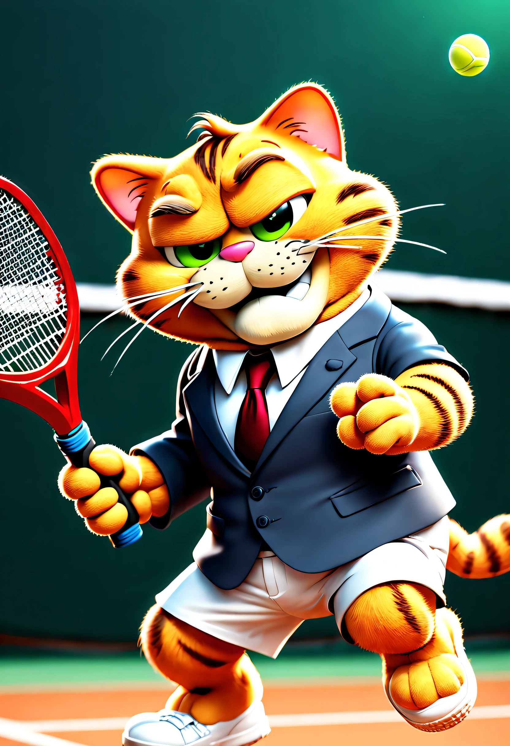 tmasterpiece， Best quality， （VerydetailedCG），（8k wallpaper）， （Best quality）， （Best Best Illustration），（Garfield wearing a suit and tie playing tennis），