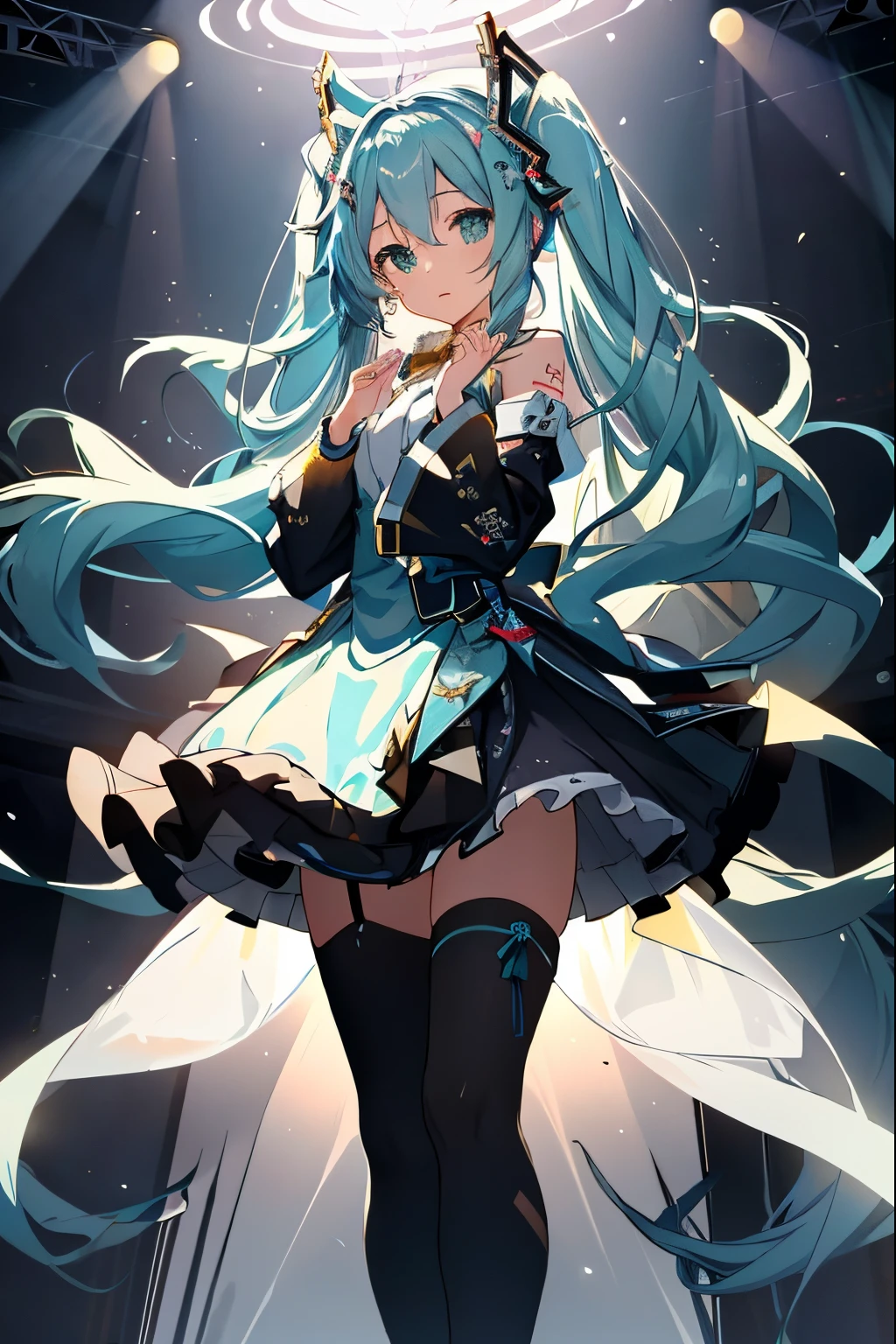masterpiece、top-quality、ultra-detailliert、illustratio、extremely delicate and beautiful、
1girl in、独奏、浅笑、
miku hatsune、Twin-tailed、Live Stage、Particles of light、Black tights、Hold a microphone in your right hand、left hand is raised