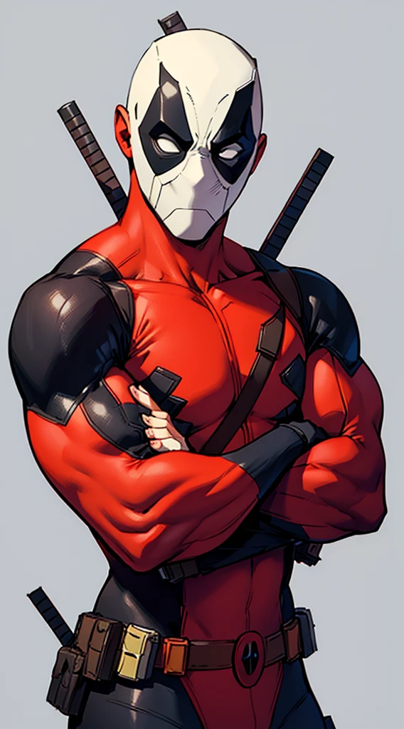 Deadpool very serious with crossed arms looking at the viewer with gray background