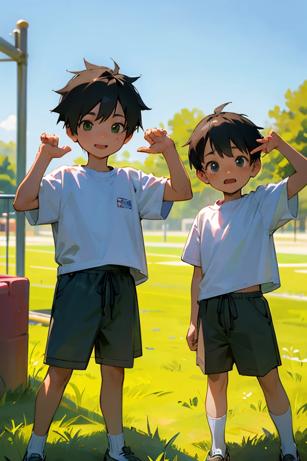 2 children, perfect detailed faces, 5 year old boys, looking at viewer, white t shirt, shorts, standing in grass in playground, sunny day, dirty