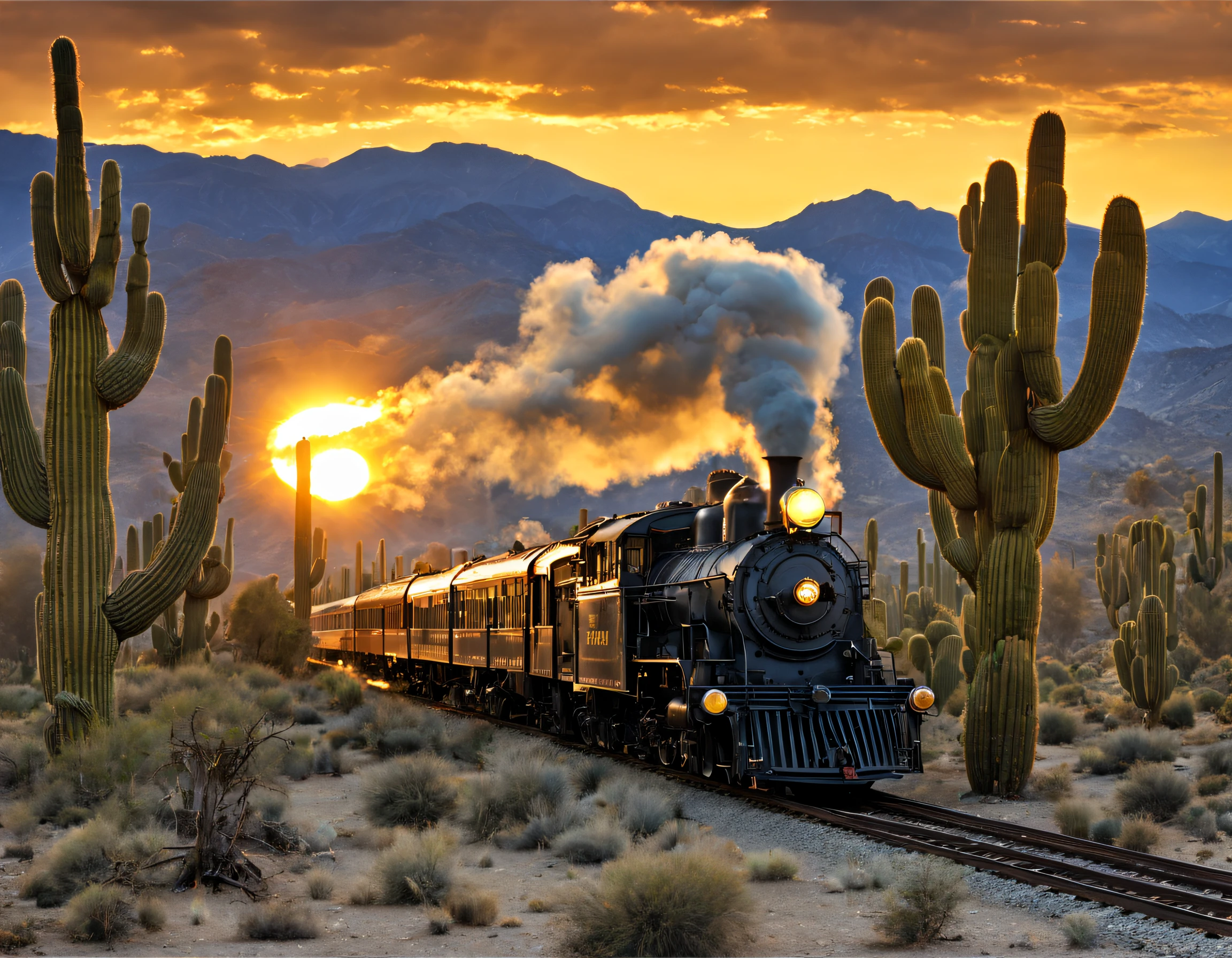 Steam trains,Driving the Desert Railway Alone,the setting sun,cacti,delicate picture,An atmosphere of sadness