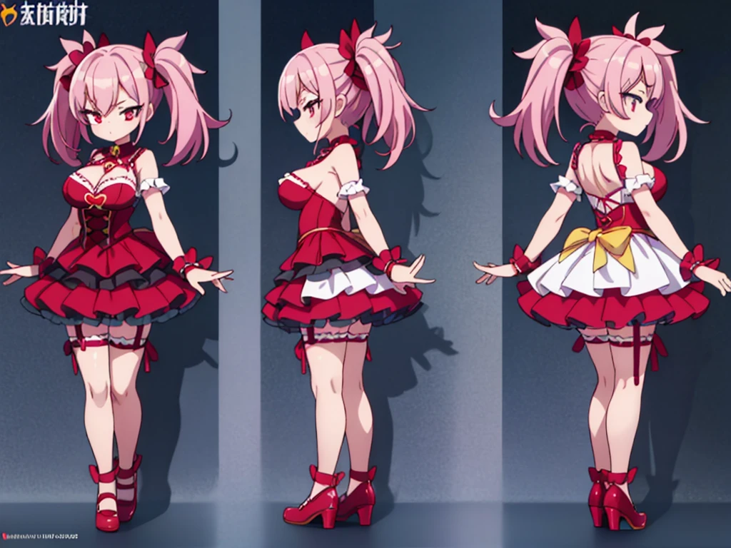 ((Masterpiece, highest quality)), detailed face, character sheet, Full body, 1girl,idol Costumes,Pink hair,Heart-shaped twin tails,red outfit,large breasts,cleavage cut out,White inner,Clear red eyes,large eyes,tsurime,long eyelashes,light eye shadow,White garter belt,frilled miniskirt,Clothing with a lot of frills,white_Short_Petticoat,red_Shoes,full of details, multiple poses and expressions, highly detailed, many parts,((three sided view, front view, side view, back view, full body,simple background,multiple views,highres)), illustration, charturnbetalora, concept art, character concept art