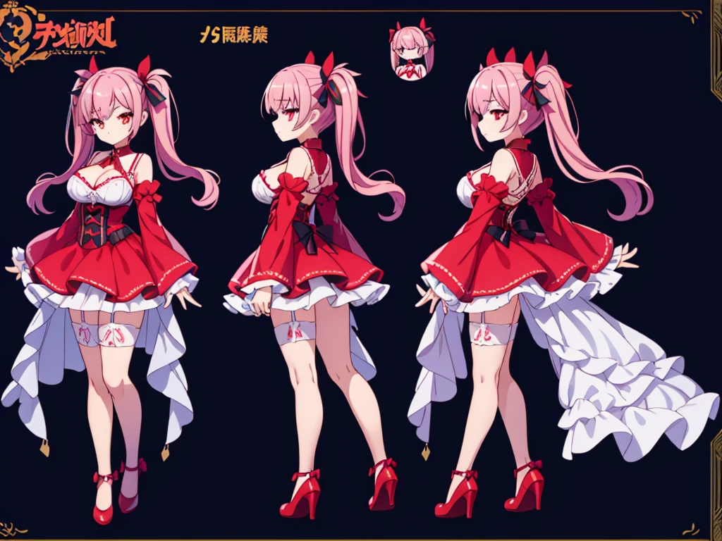 ((Masterpiece, highest quality)), detailed face, character sheet, Full body, 1girl,idol Costumes,Pink hair,Heart-shaped twin tails,red outfit,large breasts,cleavage cut out,White inner,Clear red eyes,large eyes,tsurime,long eyelashes,light eye shadow,White garter belt,frilled miniskirt,Clothing with a lot of frills,white_Short_Petticoat,red_Shoes,full of details, multiple poses and expressions, highly detailed, many parts,((three sided view, front view, side view, back view, full body,simple background,multiple views,highres)), illustration, charturnbetalora, concept art, character concept art