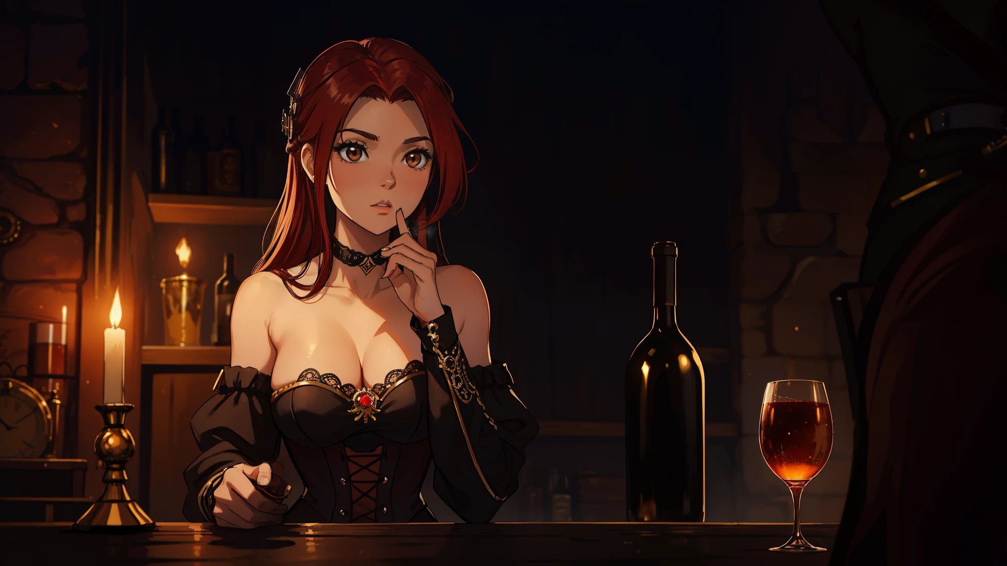 Erza Scarlet is one of the main characters in the series. The young woman with scarlet hair and brown eyes is described as an amazing woman, very strict and who does not admit when others make mistakes. She's a slender, Figura elegante com curvas bem desenhadas. Her most common attire consists of a corset with custom-made laces, a pair of black pants, Botas pretas e brincos em forma de diamante, in high resolution, circunstanciado ((melhor qualidade)) ((sentada em uma cadeira)) ((Steampunk)) ((VINHO)) She is drinking a glass of WINE.