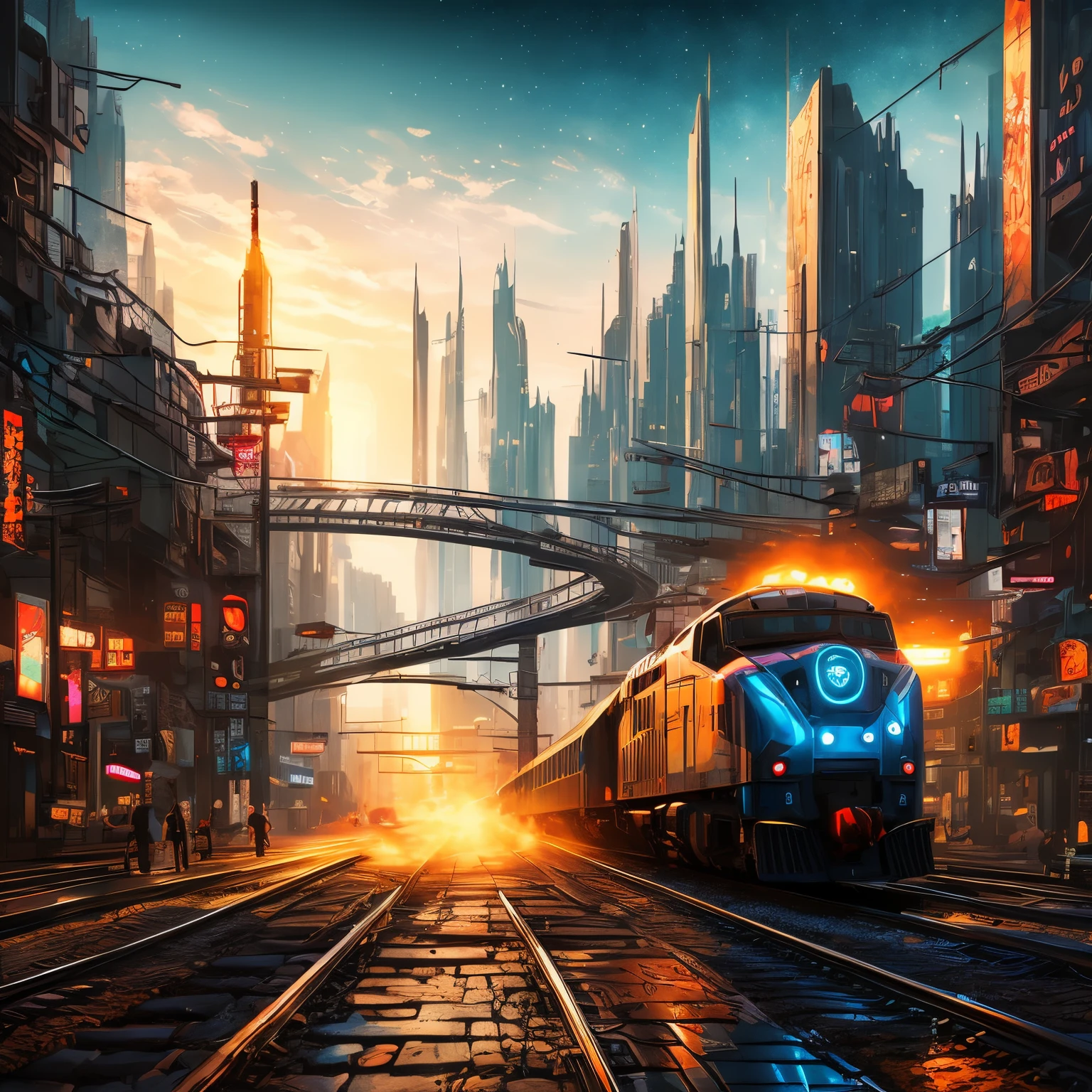 The best images, (8K, RAW photogr, actual), trains, the milky way express, futuristic vehicle, Transformers steel train,optimus prime train,Lite version, iridescent metal plating, Detailed and delicate depictions and gorgeous and dynamic painting techniques, background galaxy, magnificent view, professional flame,ultra-realistic realism,futuristic train fantasy,Surreal dreams,Surrealism art fantasy style,Epic digital fantasy art style,lute,HighDynamicRange,Beautiful sci-fi art, Sci-fi train digital art illustration, Digital Cyberpunk Art, science fiction digital painting, futuristic digital painting, futuristic concept art, Sci-Fi Galaxy Train Cyberpunk, The landscape in front of cyberpunk alien utopia, science fiction digital art, Advanced digital cyberpunk art, dreamy cyberpunk girl