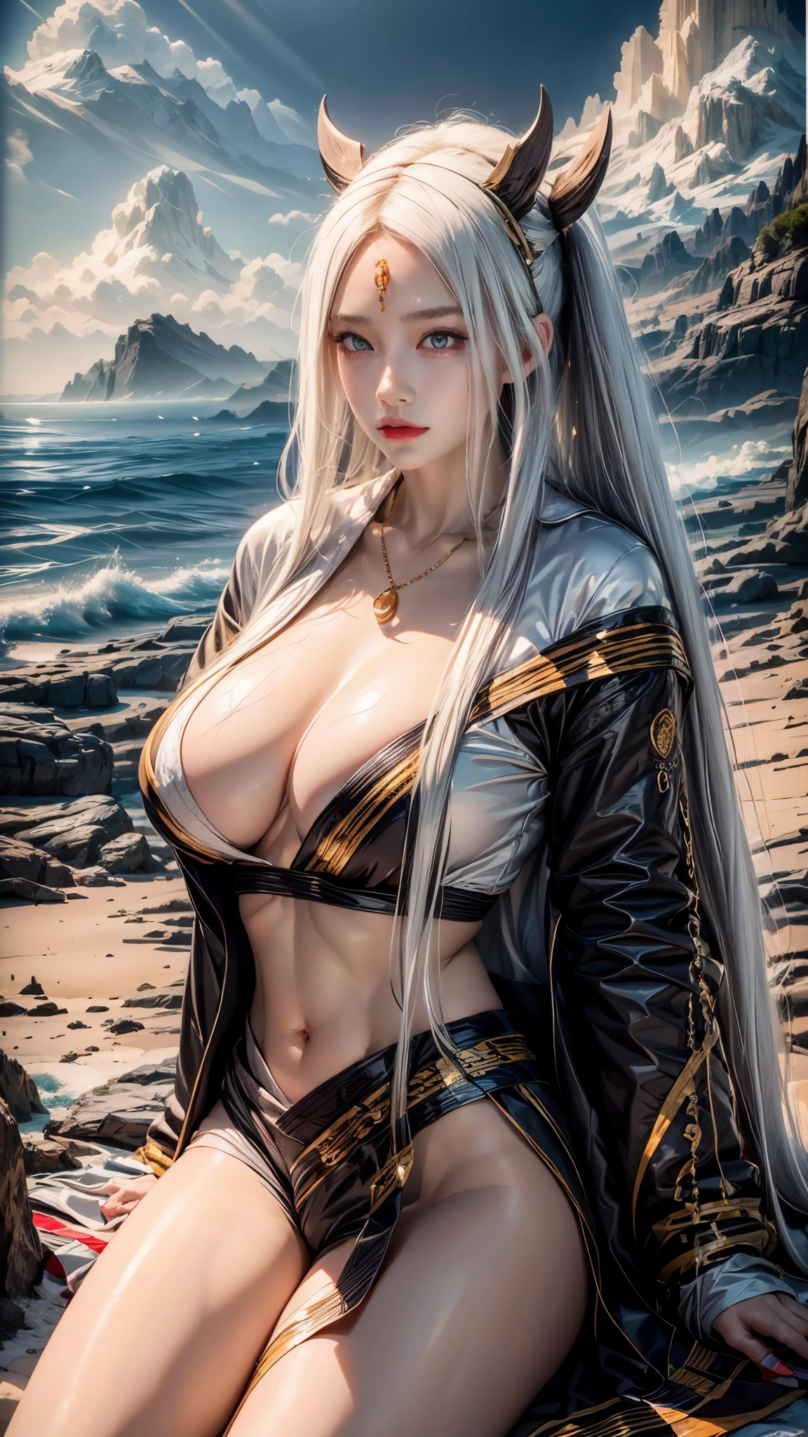 realistic, 1girls, best quality, 12k, HD, long hair, big round breasts, cleavage, ponytail, necklace, jewelry, shorts, short jacket, slim hips, hair tie, yellow eyes, black hair, super detailed, Detail eyes, hair details, person details, mouth details, face details, breast details, clothes details, hair details, pants details, hand details, whole body