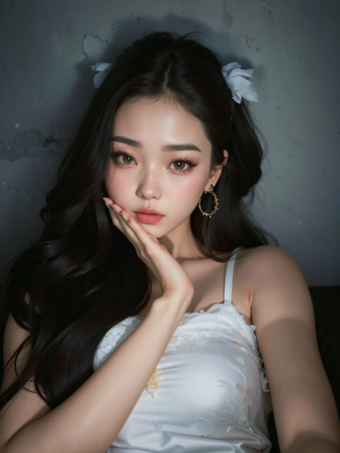 Mujer arafed con pelo largo con un vestido blanco y aretes., ulzzang, maquillaje coreano popular, maquillaje popular de Corea del Sur, Jinyoung Shin, Guweiz, Chica coreana, Hermosa joven coreana, Hermosa joven coreana, Joven y adorable rostro coreano, Jaeyeon Nam, Obras de arte al estilo de Guweiz, Hermosa mujer surcoreana, portrait of female Korean idol
