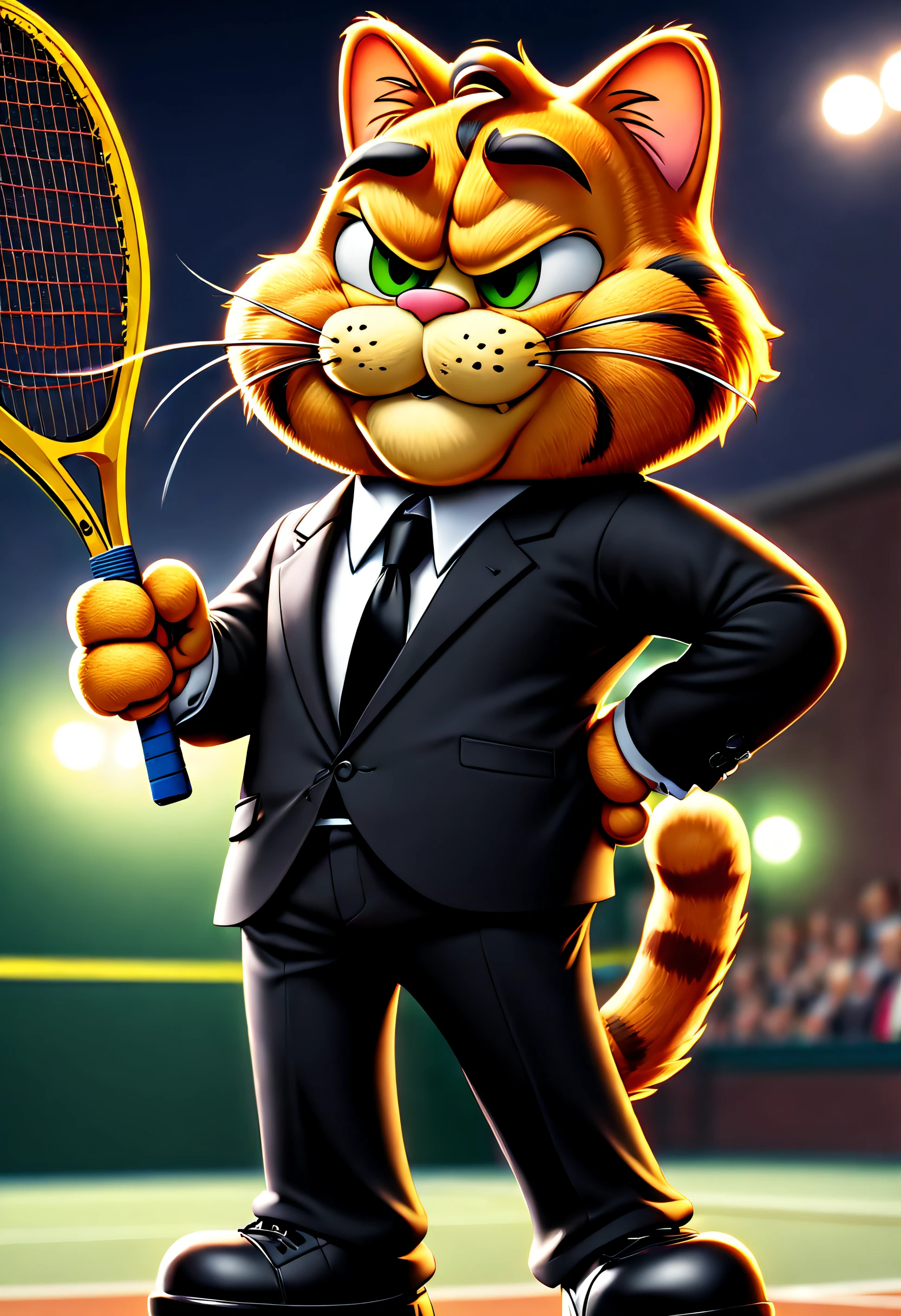 tmasterpiece, Best quality, (VerydetailedCG),(8k wallpaper), (Best quality), (Best Best Illustration),(Garfield playing tennis),Wear black suit and black trousers suit,wearing a tie