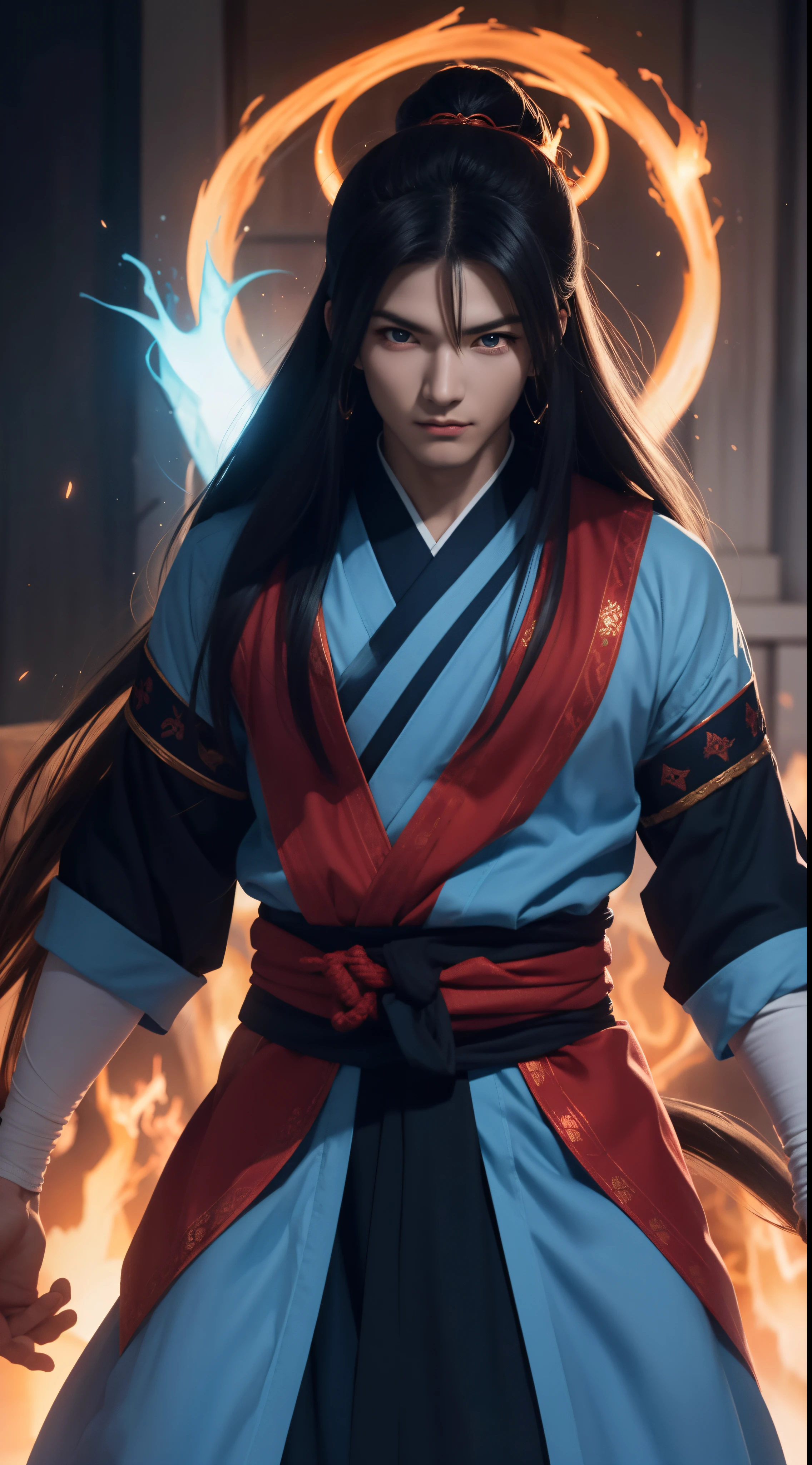 "Experience the ultimate visual feast with Kyuubi-Kurama, a masterpiece of anime and fantasy. Immerse yourself in the world of a handsome warrior with a luminescent blue tattoo, his eyes blazing with a fiery red glow as he taps into his extreme instinct."