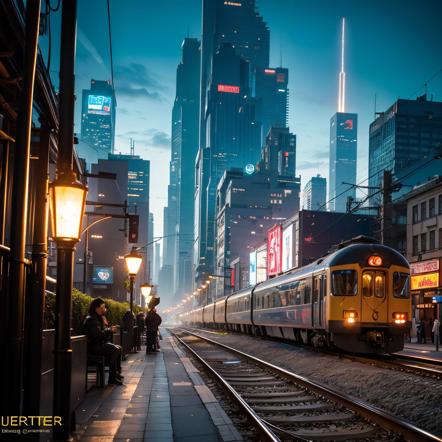 Araffe train on the tracks in a city at night - SeaArt AI