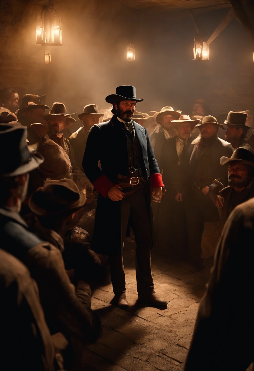 A picture of Dutch addressing a crowd of people in a dimly lit underground bunker.,Red Dead Redemption 2,Well groomed man in late forties early fifties. Oily black hair which is swept back, neatly trimmed black moustache with patch of beard on his chin. Favours a black pork pie fedora hat.