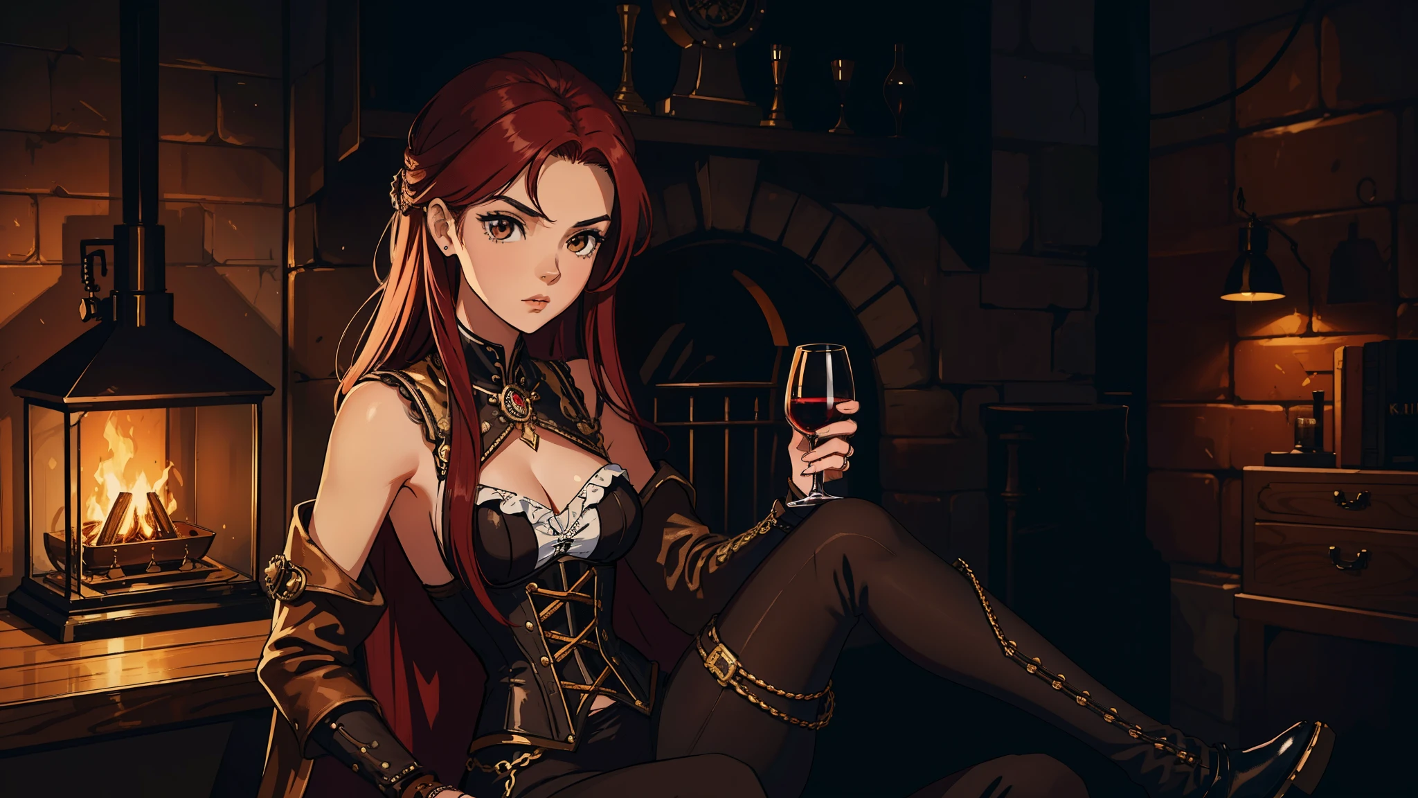 Erza Scarlet is one of the main characters in the series. The young woman with scarlet hair and brown eyes is described as an amazing woman, very strict and who does not admit when others make mistakes. She's a slender, Figura elegante com curvas bem desenhadas. Her most common attire consists of a corset with custom-made laces, a pair of black pants, Botas pretas e brincos em forma de diamante, in high resolution, circunstanciado ((melhor qualidade)) ((sentada em uma cadeira)) ((Steampunk)) ((VINHO)) She is drinking a glass of WINE.