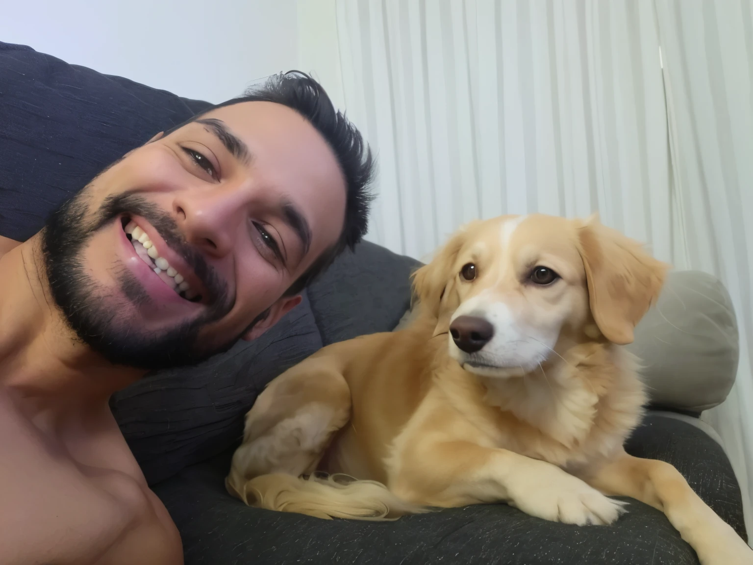 There is a man lying on a couch with a dog, with his hyperactive little dog, selfie of a dog, Directed by: Nandor Soldier, with dogs, both smiling for the camera, relaxing and smiling at camera, happily smiling at the camera, imagem de qualidade muito baixa, Foto realista, Directed by: Felipe Seade, andrea rocha