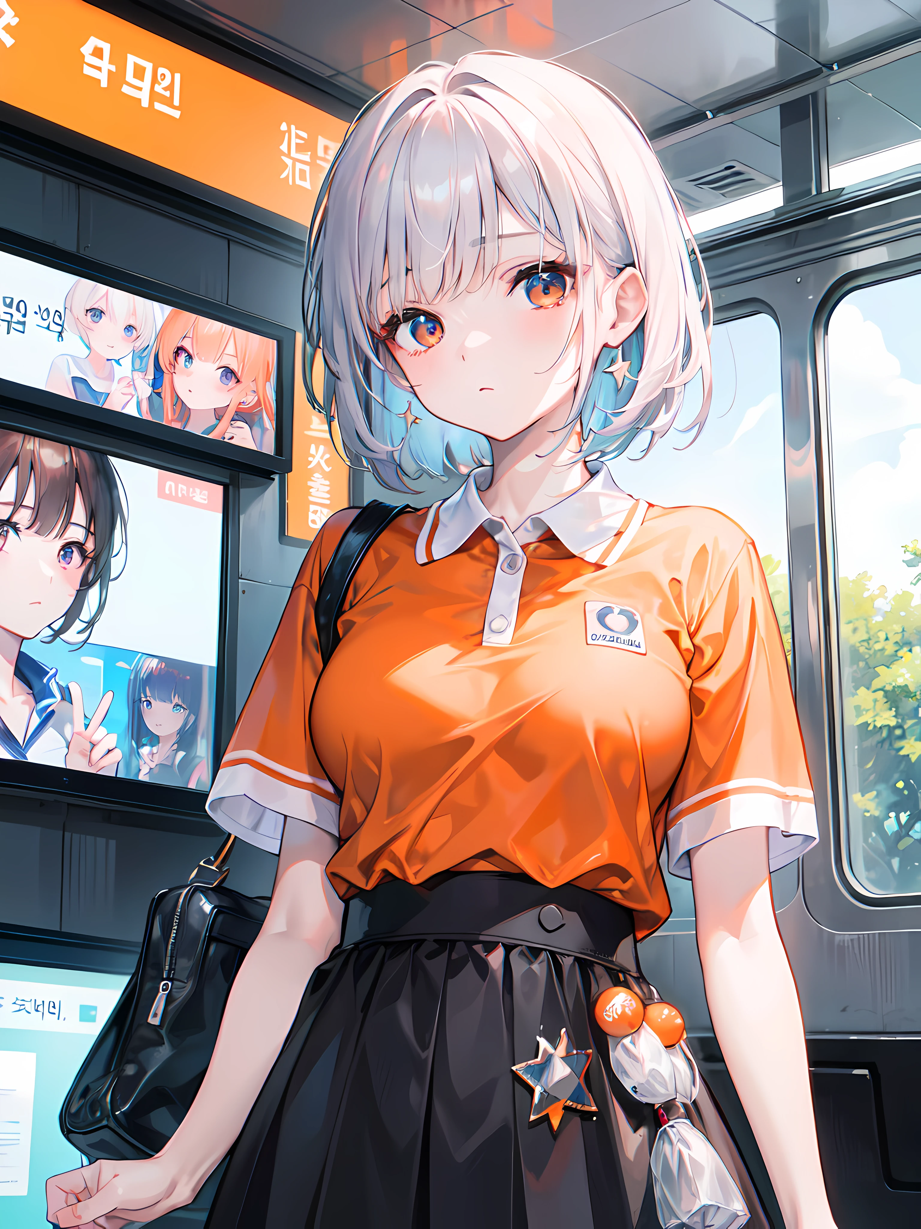 realistic photos of (1 cute Korean star) flipped hair, thin makeup, medium breasts size, orange polo shirt, at the train station, clear facial features of Canon EOS, 16k, high resolution, sharp and realistic details, overexposure, cut-in, UHD, highres, best quality