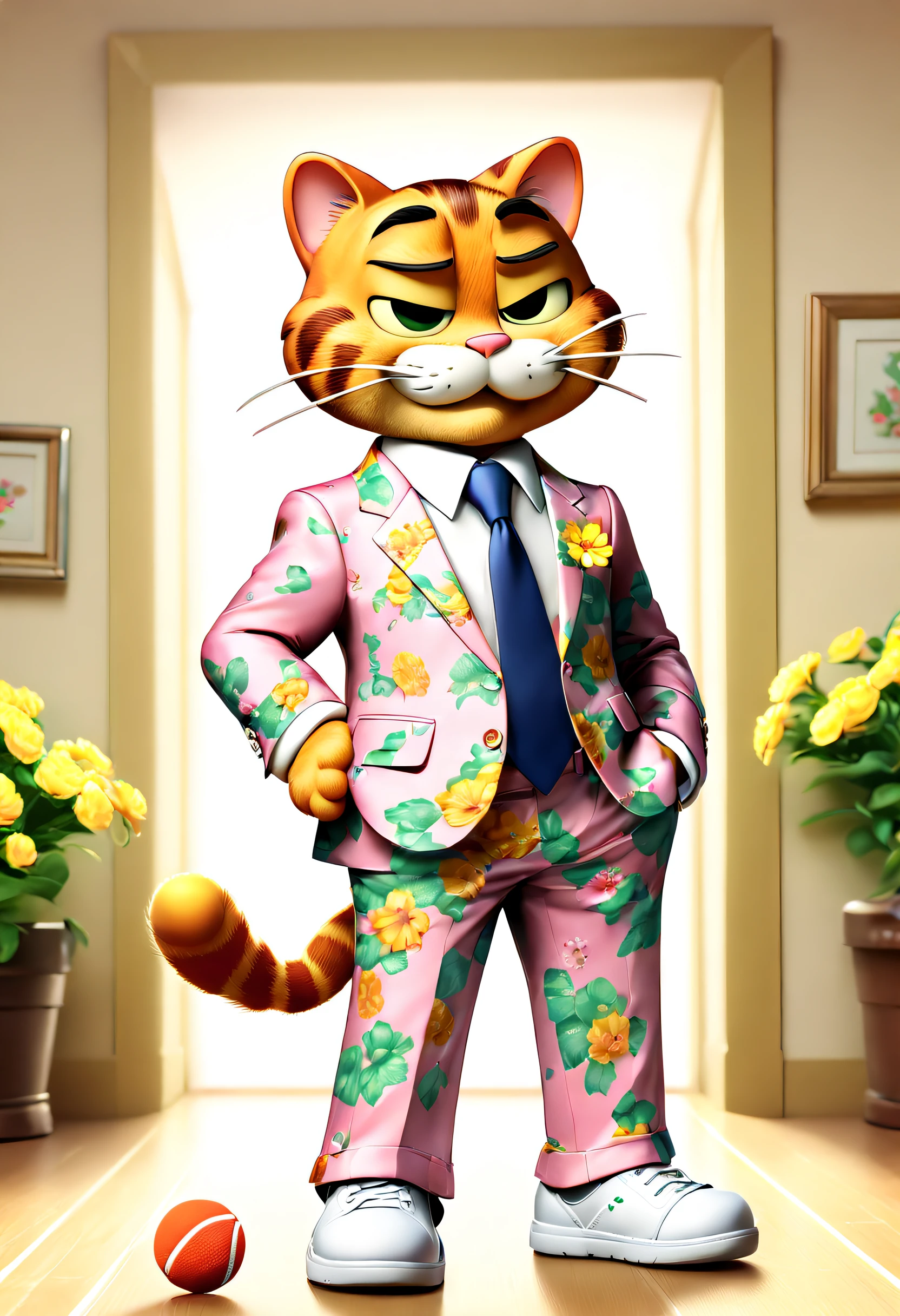tmasterpiece, Best quality at best, (VerydetailedCG),(8k wallpaper), (Best quality at best), (Best Best Illustration),(Garfield playing tennis),Wear a floral suit and floral trouser suit,wearing a tie