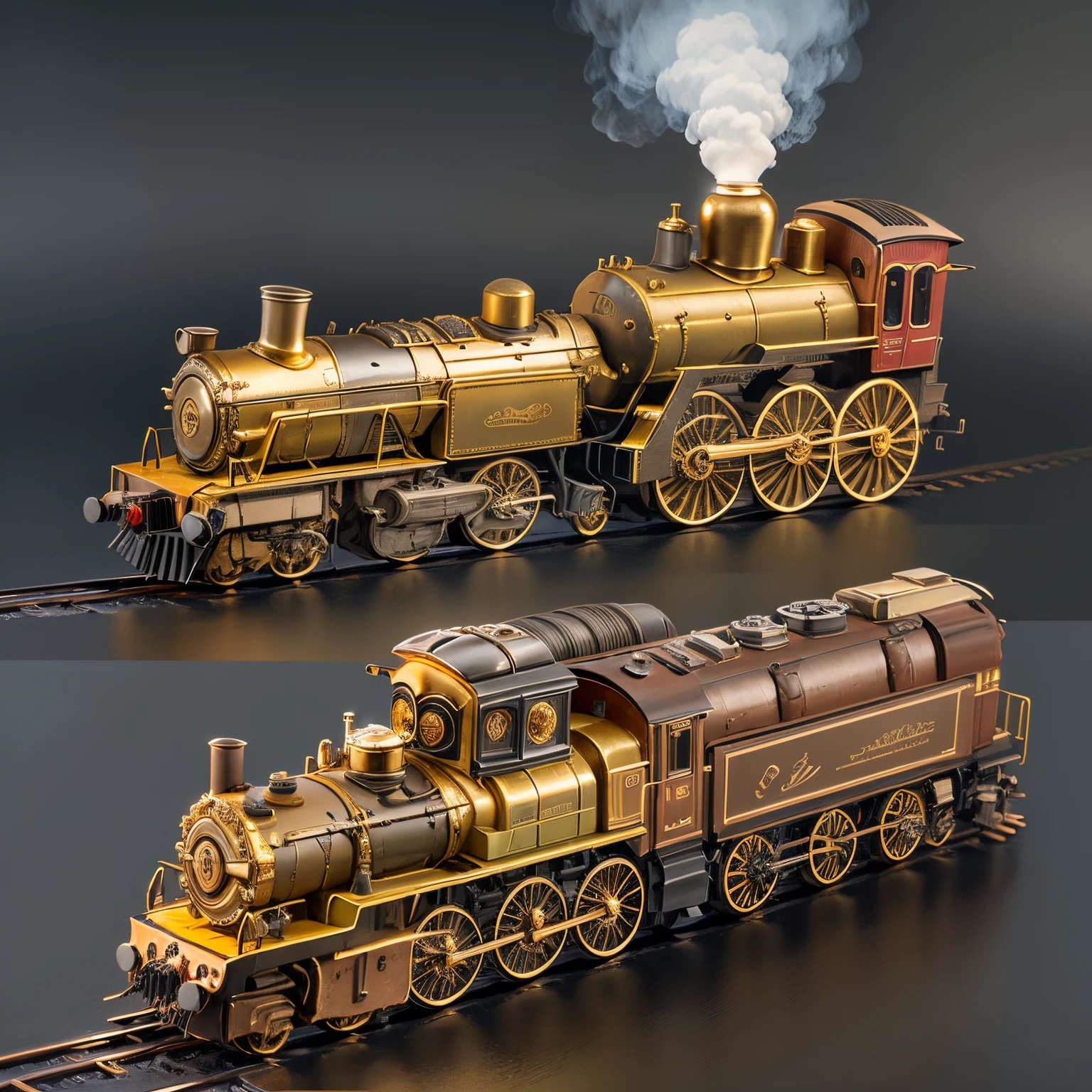 Product design，luxury accessories，locomotive lighter，The lighter is shaped like a steam locomotive，golden colored，In steampunk style