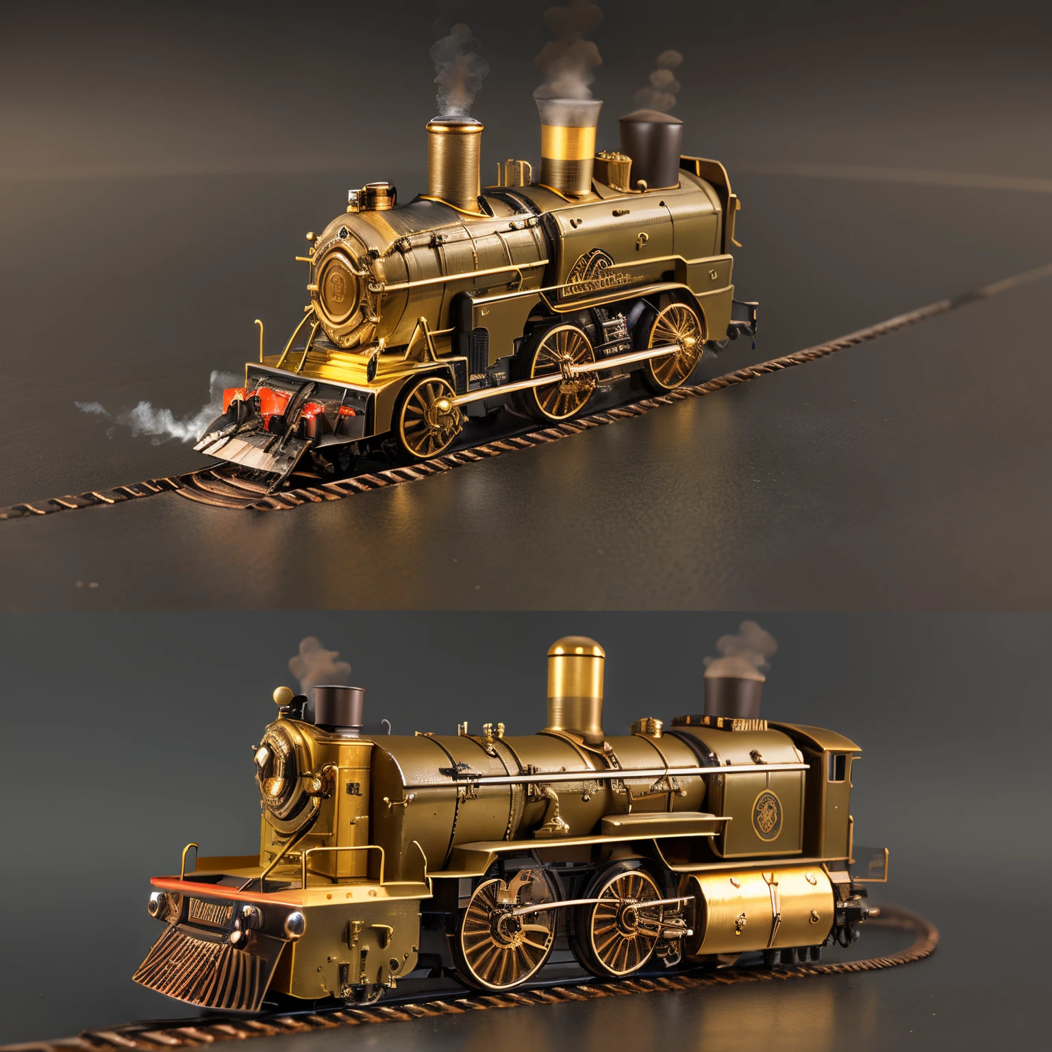 Product design,luxury accessories,locomotive lighter,The lighter is shaped like a steam locomotive,golden colored,In steampunk style